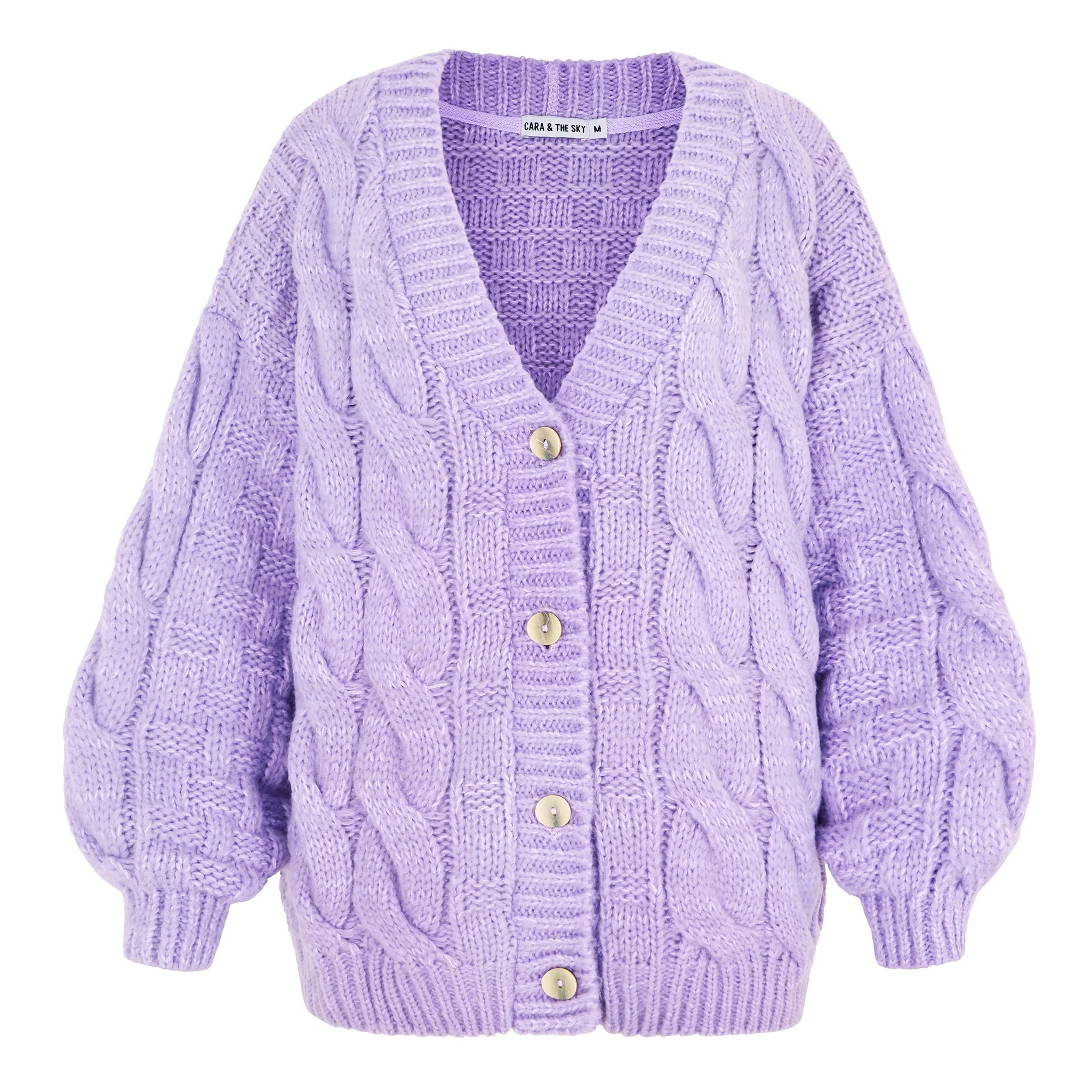 Gemma Basket Stitch Balloon Sleeve Chunky Knit Cardigan - Lilac - Image 2