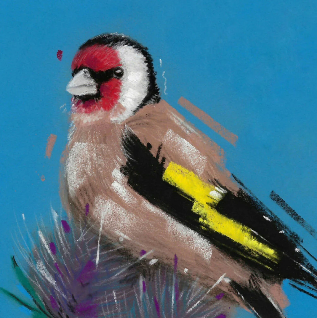 Gilded Thistle Gold Finch Giclee Fine Art Print with Blue Background - Image 2