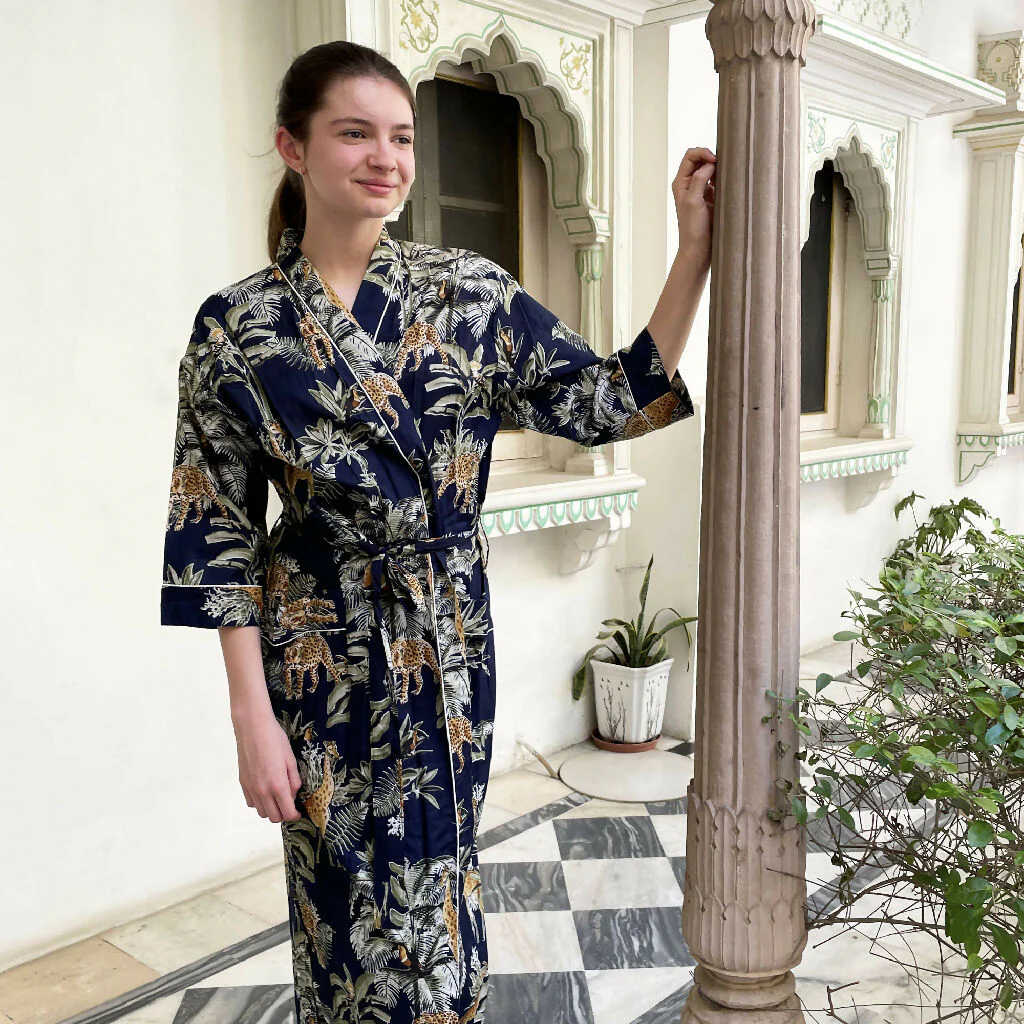 Giraffe Print 100% Cotton Dressing Gown in Dark Blue - Image 3