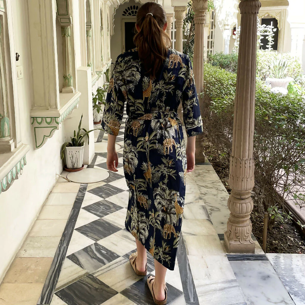 Giraffe Print 100% Cotton Dressing Gown in Dark Blue - Image 4