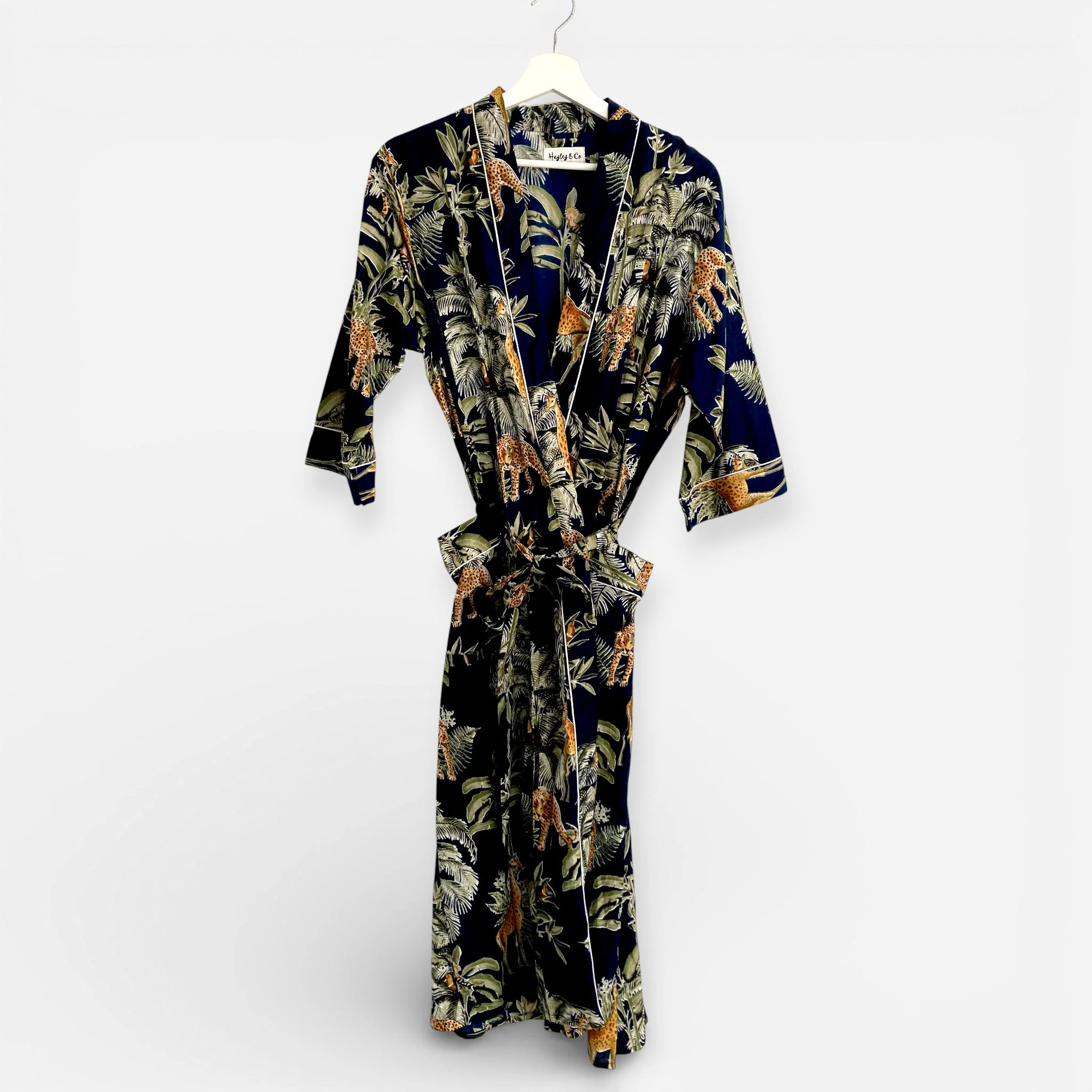 Giraffe Print 100% Cotton Dressing Gown in Dark Blue - Image 5