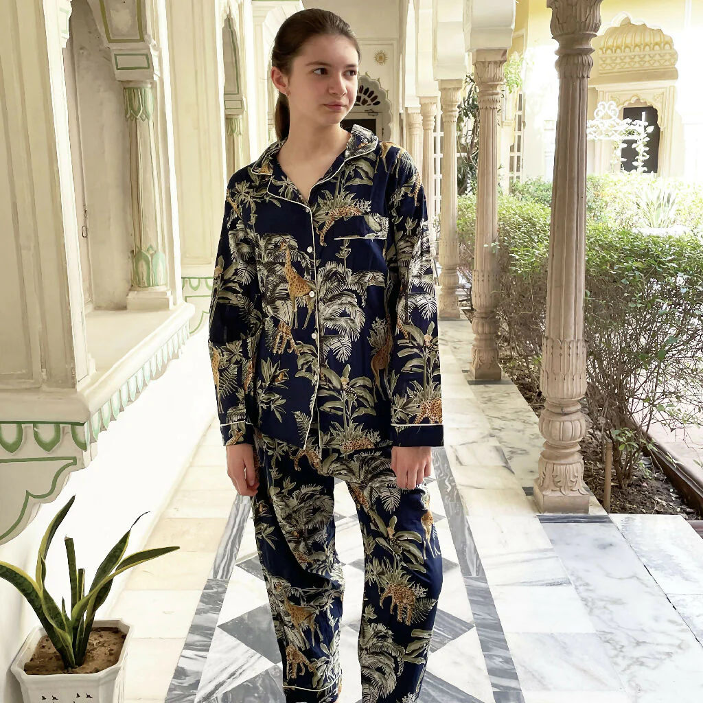 Giraffe Print 100% Cotton Long Pyjama Set in Dark Blue - Image 3