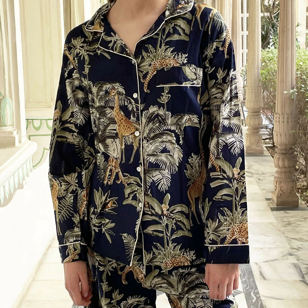 Giraffe Print 100% Cotton Long Pyjama Set in Dark Blue - Image 4