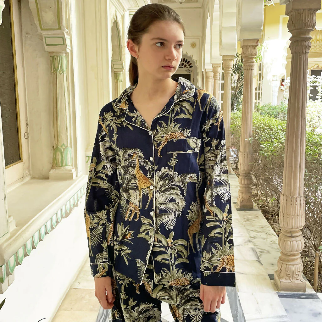 Giraffe Print 100% Cotton Long Pyjama Set in Dark Blue - Image 5