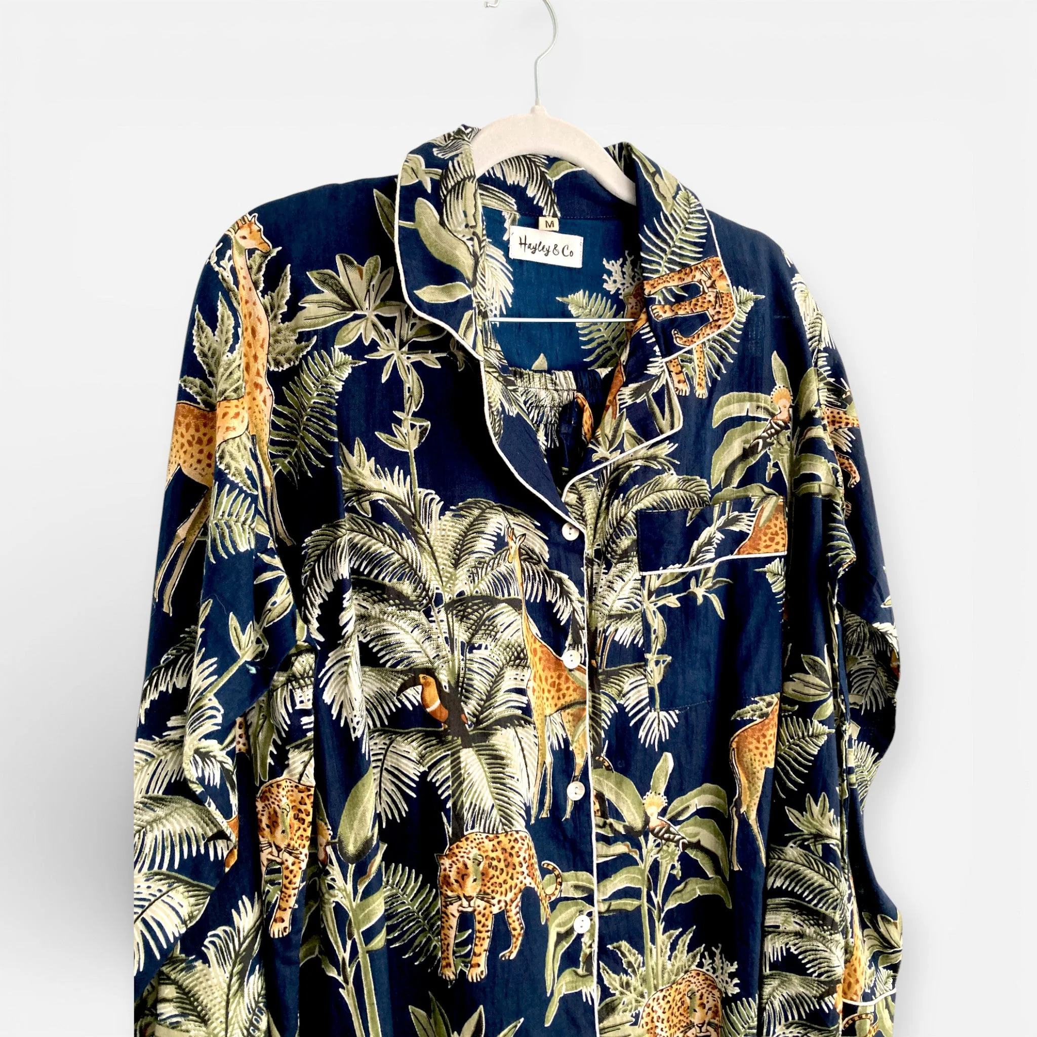 Giraffe Print 100% Cotton Long Pyjama Set in Dark Blue - Image 7