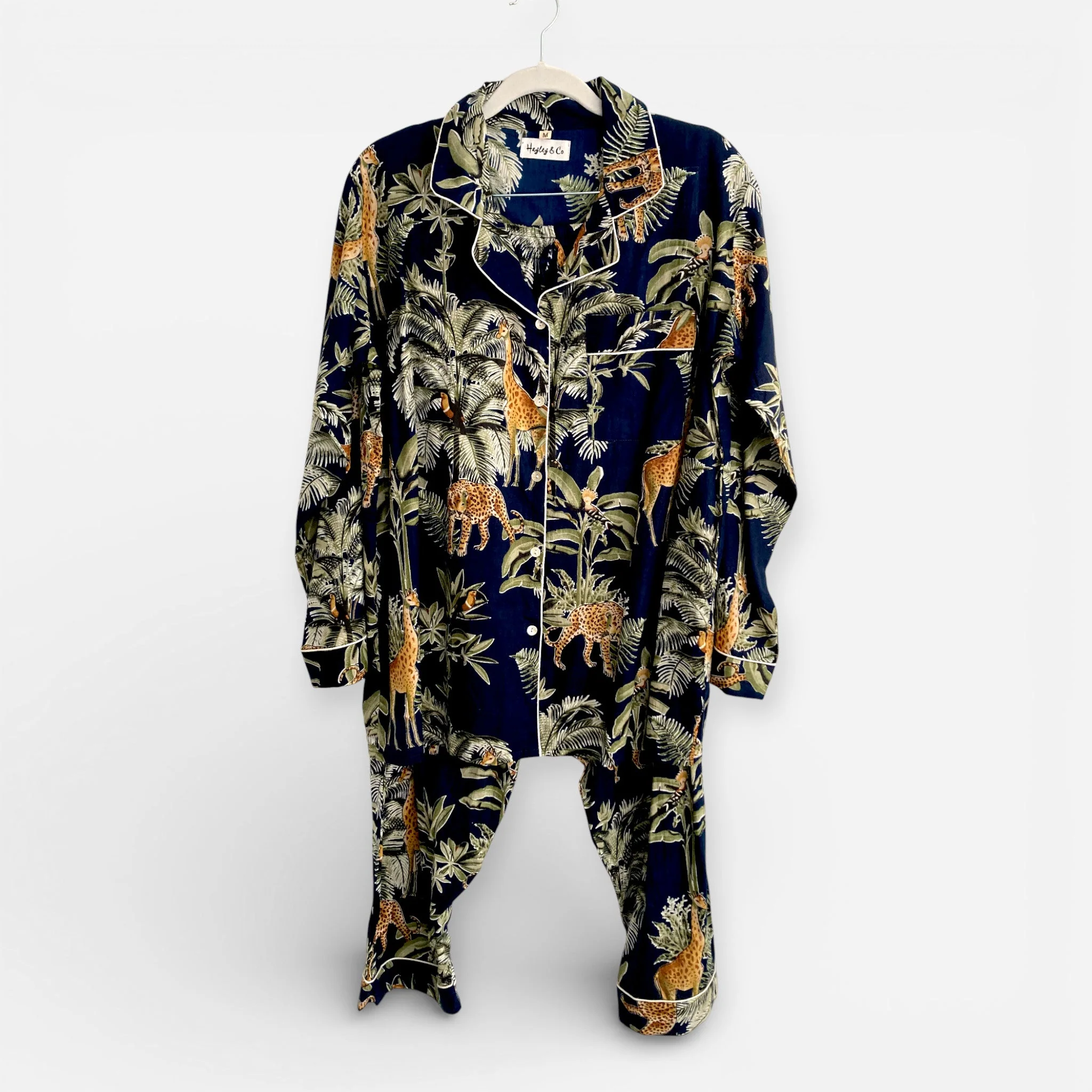 Giraffe Print 100% Cotton Long Pyjama Set in Dark Blue - Image 8