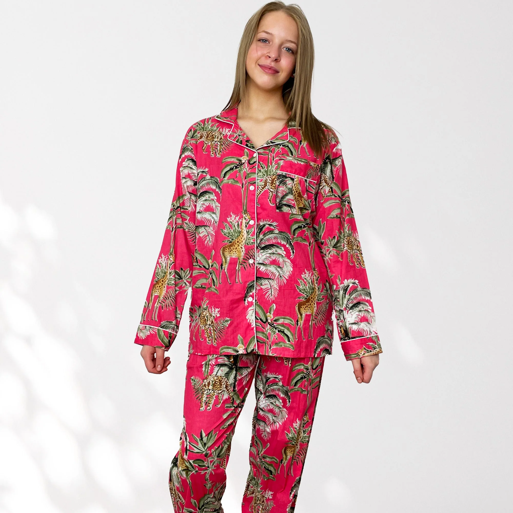 Giraffe Print 100% Cotton Long Pyjama Set in Pink