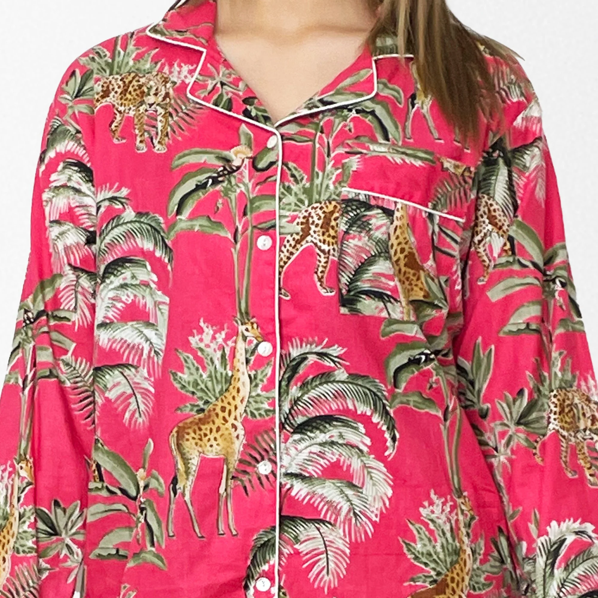 Giraffe Print 100% Cotton Long Pyjama Set in Pink - Image 10