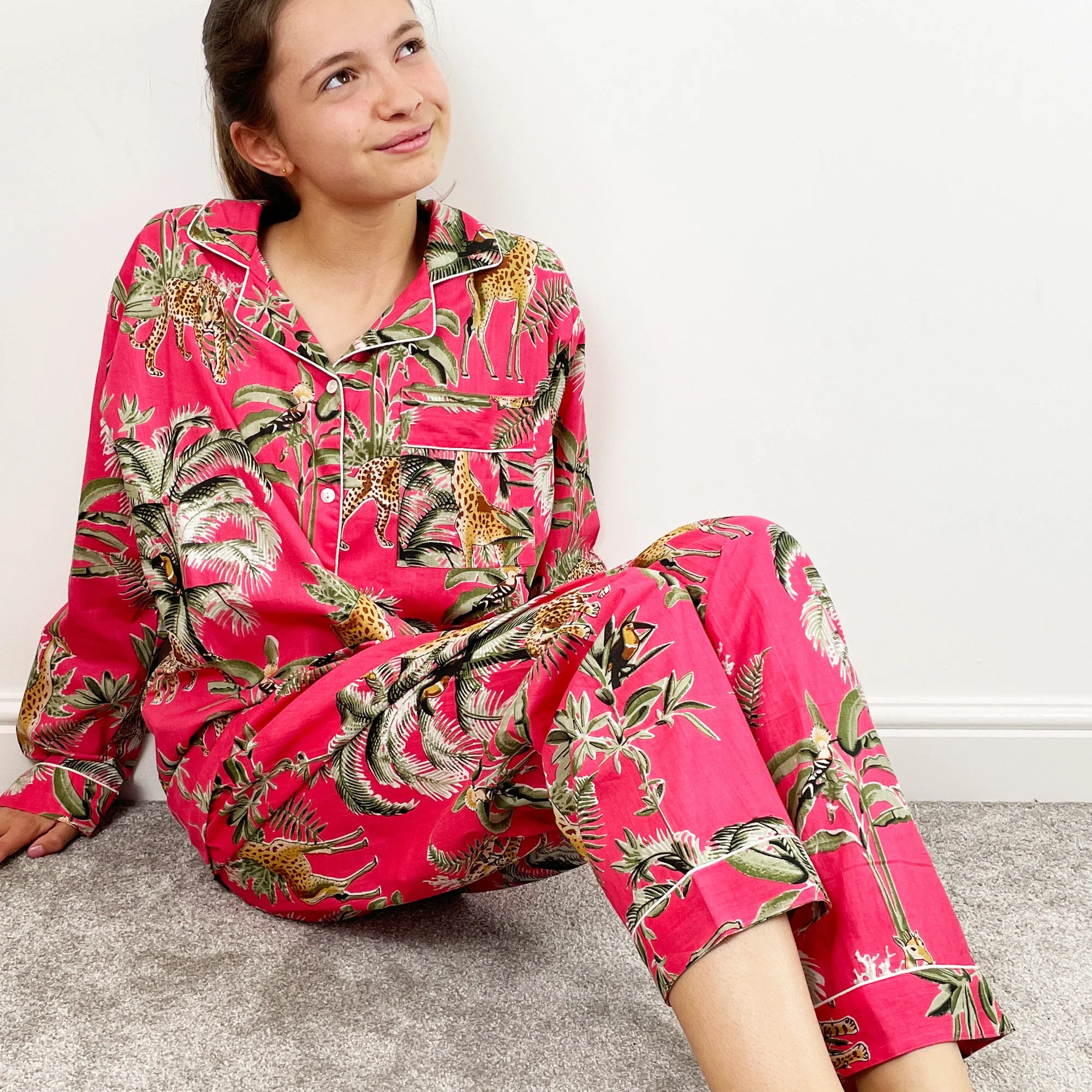 Giraffe Print 100% Cotton Long Pyjama Set in Pink - Image 12