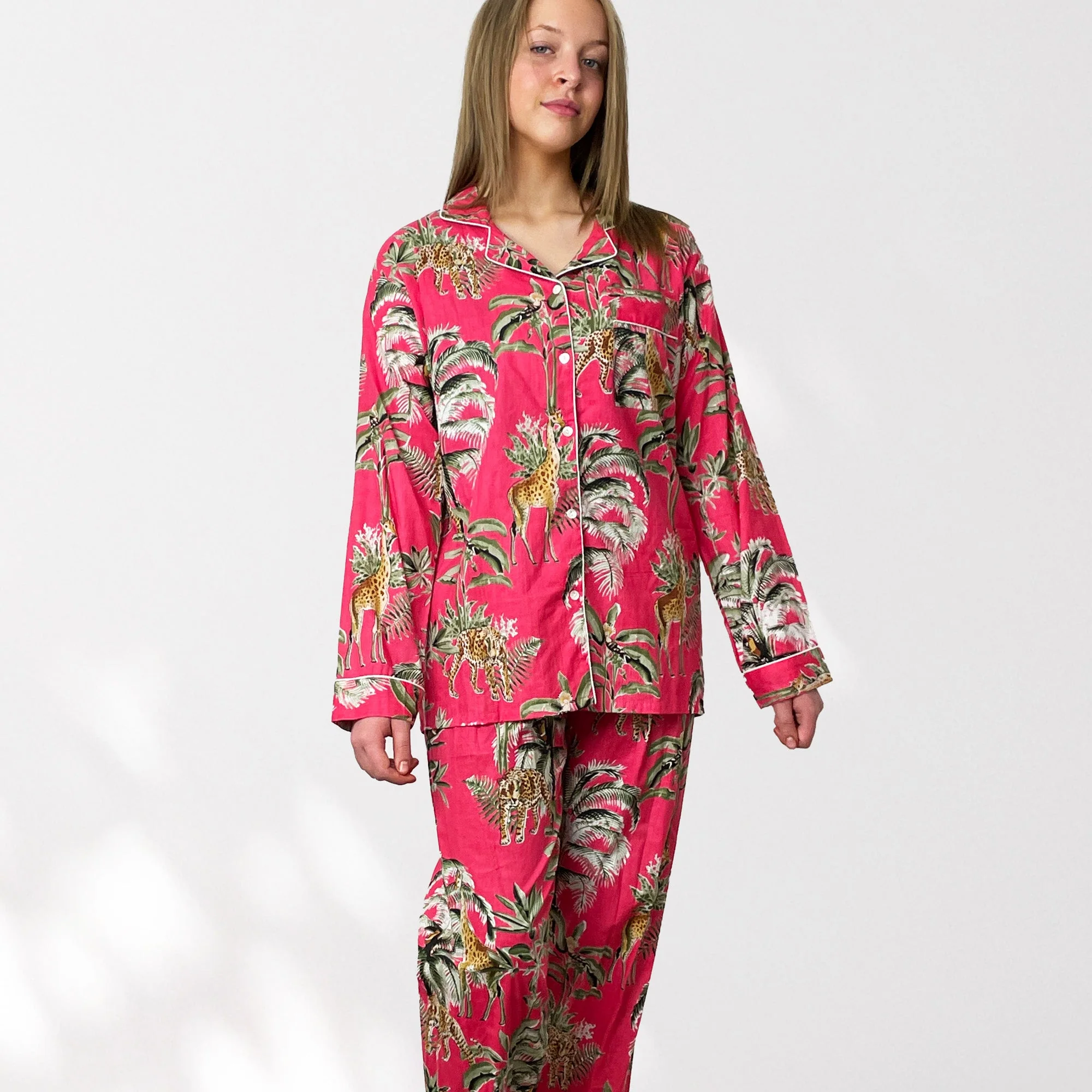 Giraffe Print 100% Cotton Long Pyjama Set in Pink - Image 5