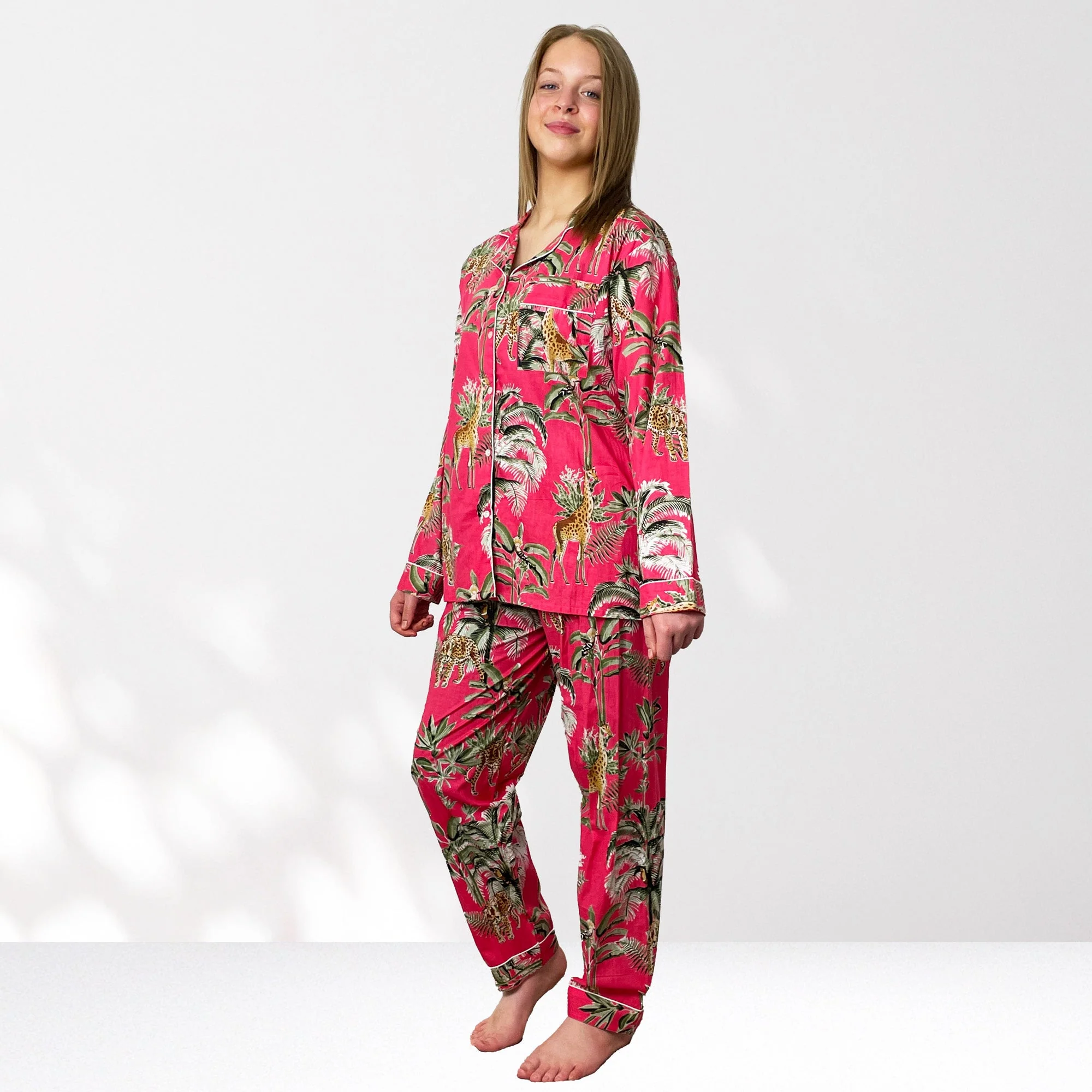 Giraffe Print 100% Cotton Long Pyjama Set in Pink - Image 6