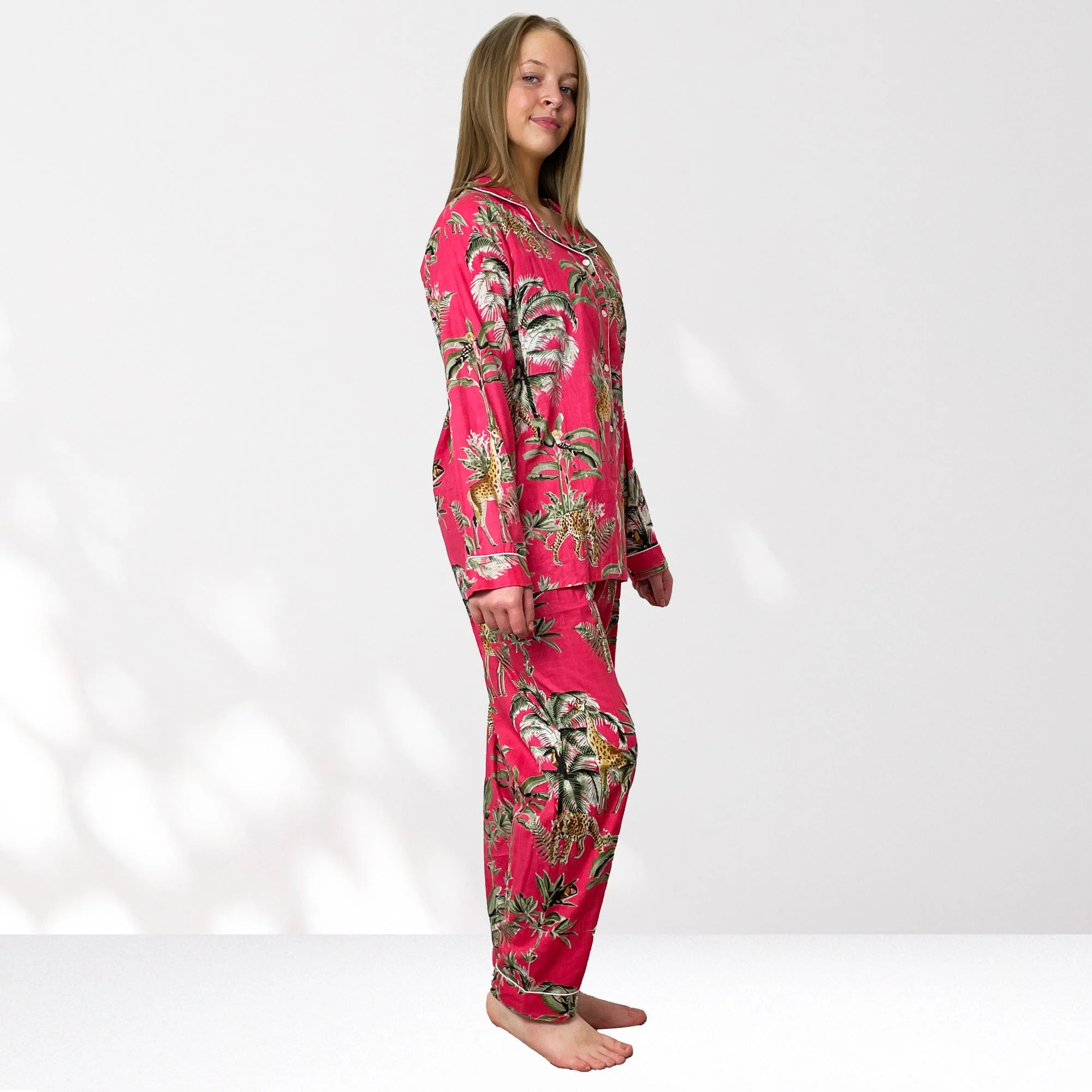 Giraffe Print 100% Cotton Long Pyjama Set in Pink - Image 8