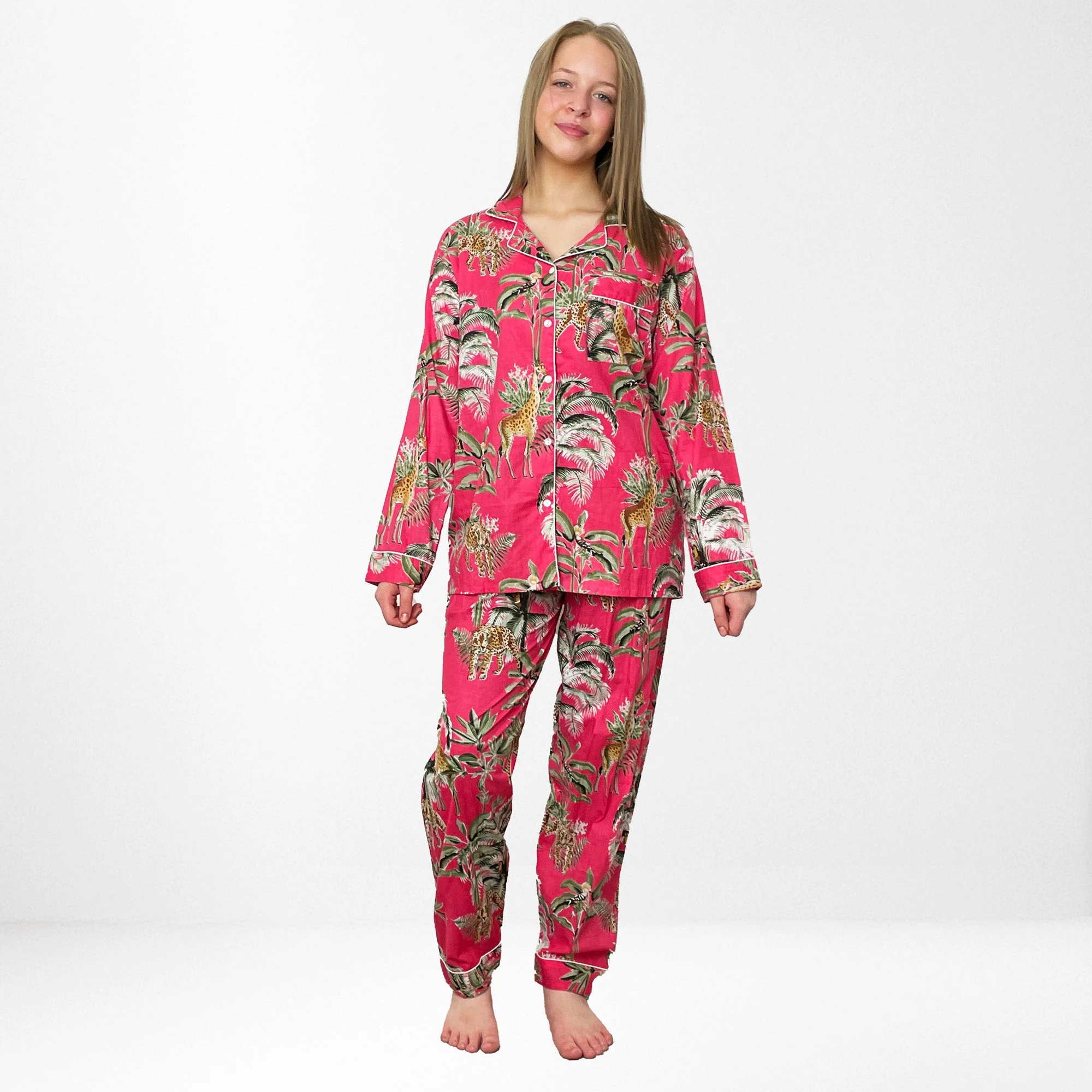 Giraffe Print 100% Cotton Long Pyjama Set in Pink - Image 9