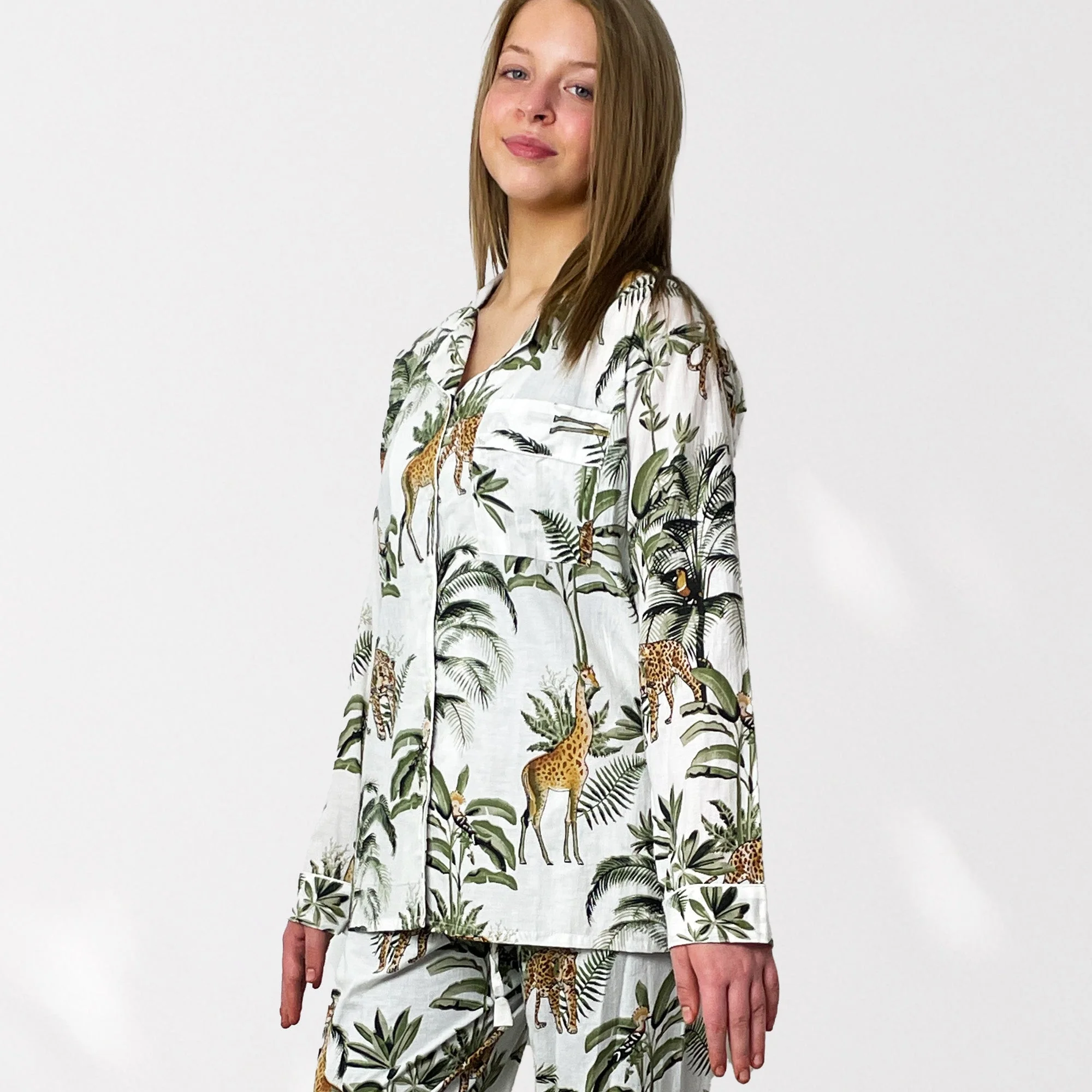 Giraffe Print 100% Cotton Long Pyjama Set in White - Image 2