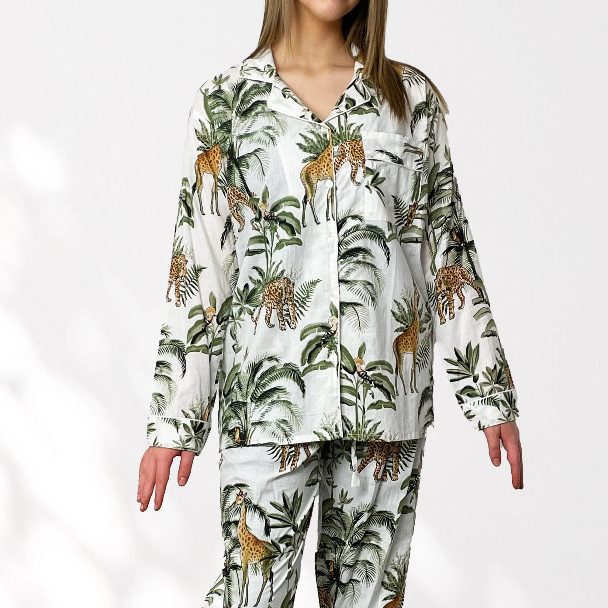 Giraffe Print 100% Cotton Long Pyjama Set in White - Image 3