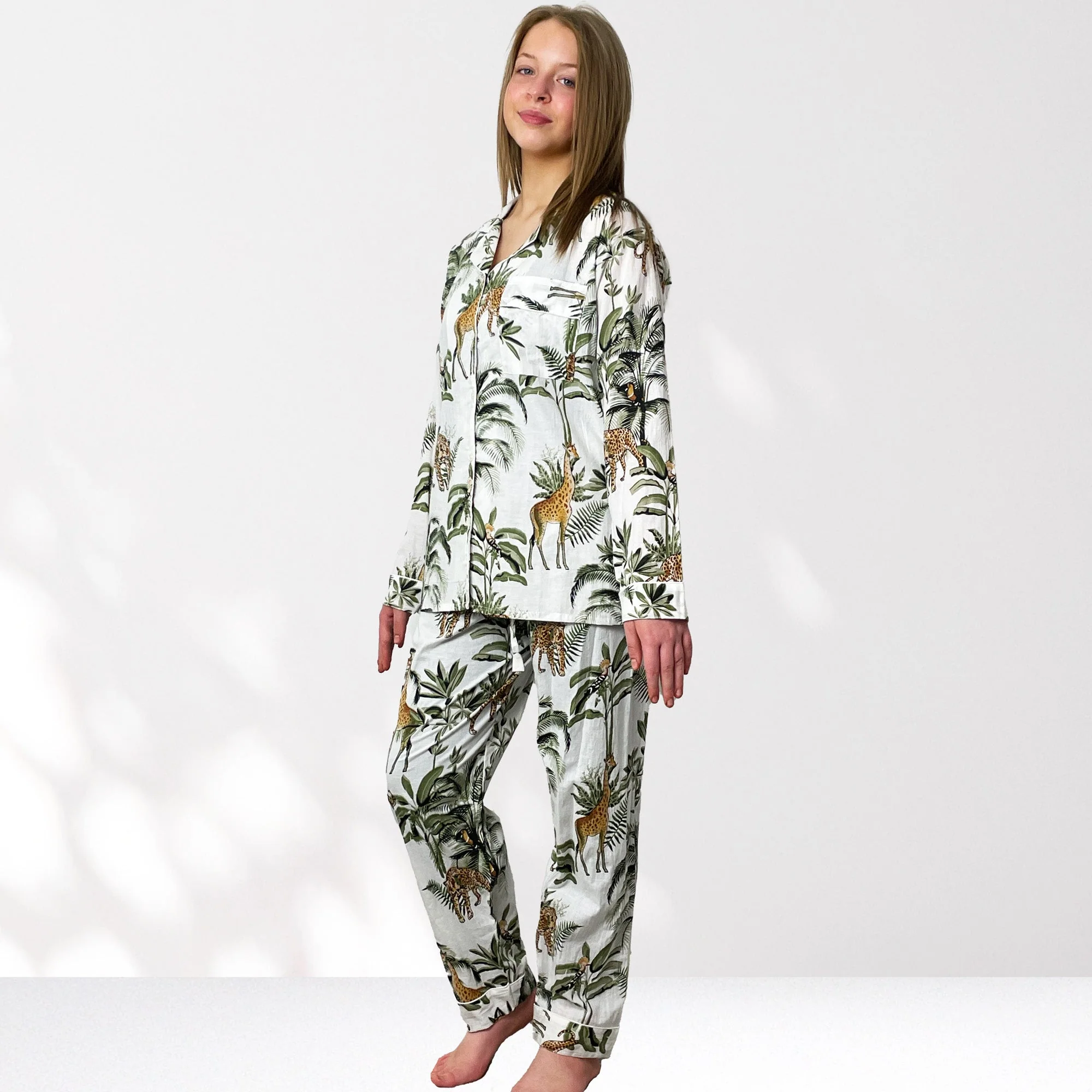 Giraffe Print 100% Cotton Long Pyjama Set in White - Image 5