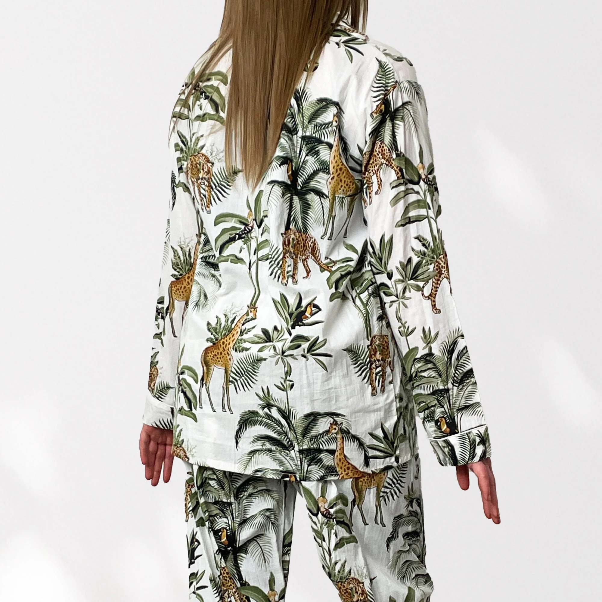 Giraffe Print 100% Cotton Long Pyjama Set in White - Image 6