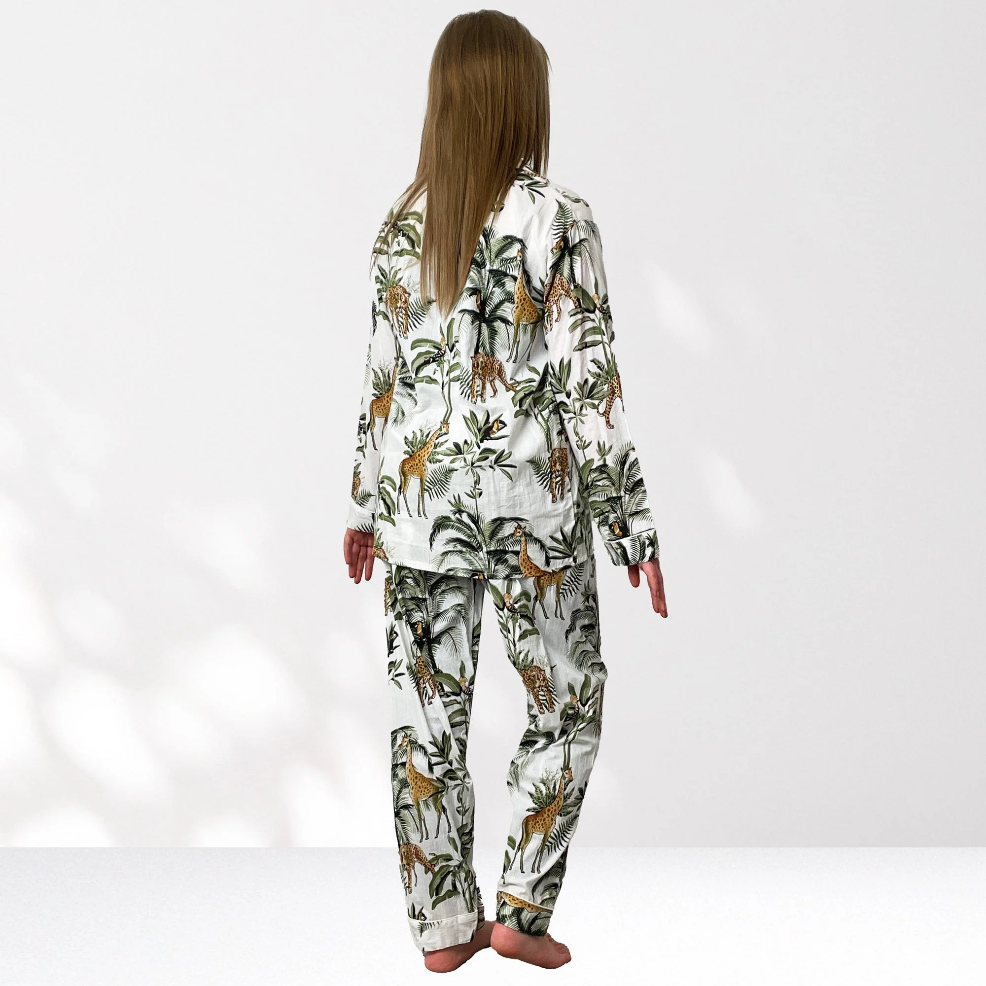 Giraffe Print 100% Cotton Long Pyjama Set in White - Image 7