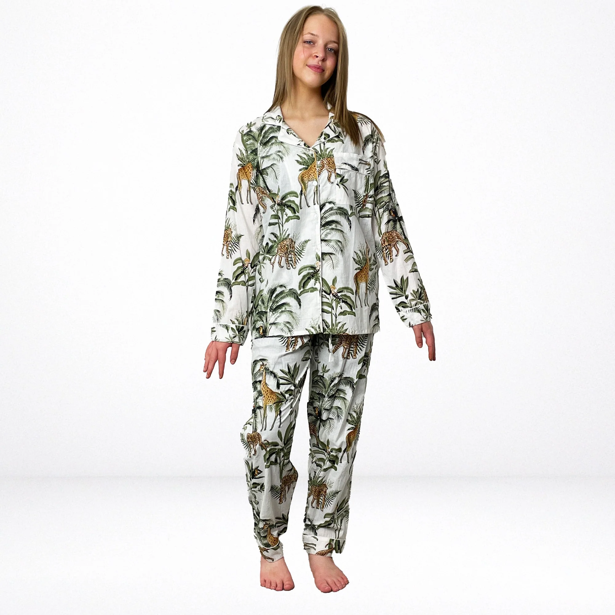 Giraffe Print 100% Cotton Long Pyjama Set in White - Image 8