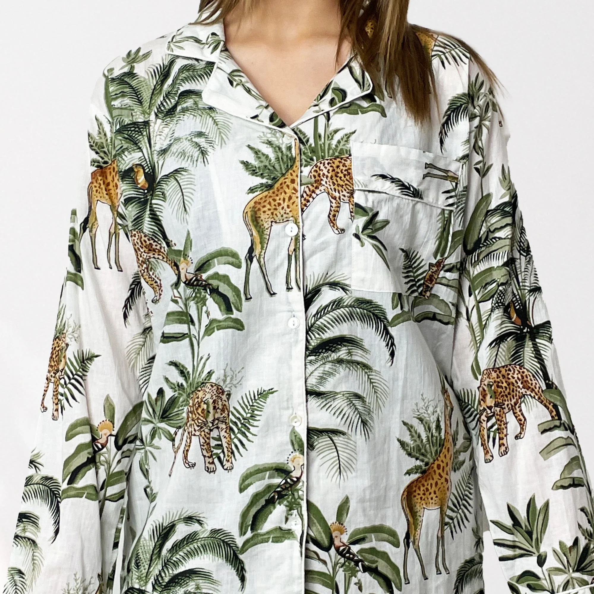 Giraffe Print 100% Cotton Long Pyjama Set in White - Image 9