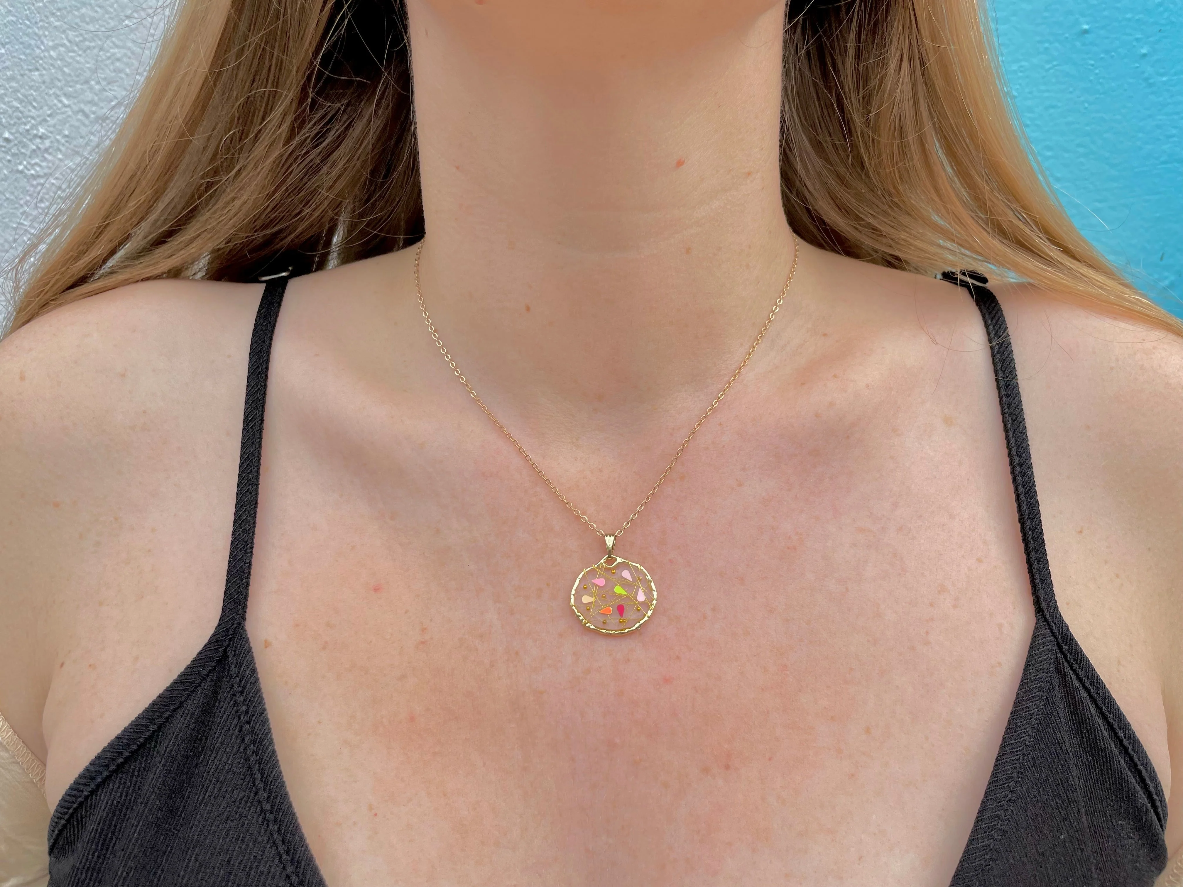 Gold necklace with poppy and blue flowers - Image 6