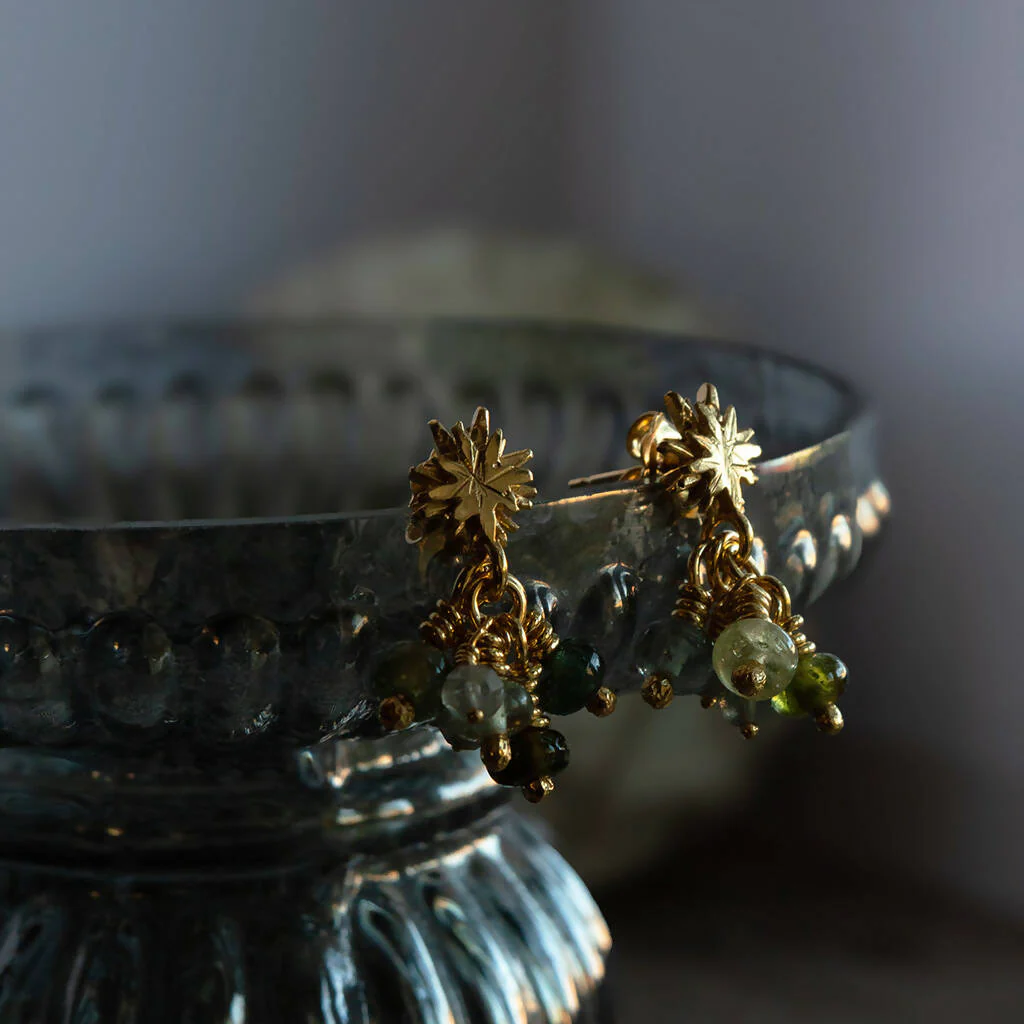 Gold Plated Silver Stars with Tourmalines and labradorite Drop Earrings - Image 3