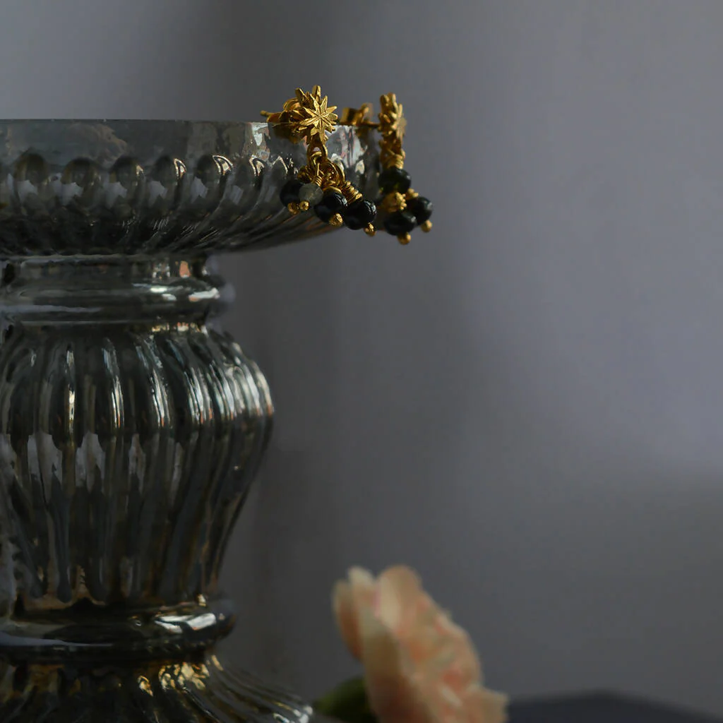 Gold Plated Silver Stars with Tourmalines and labradorite Drop Earrings - Image 4