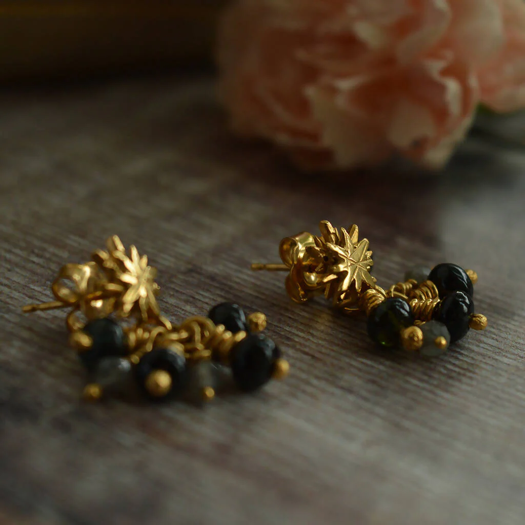 Gold Plated Silver Stars with Tourmalines and labradorite Drop Earrings - Image 5