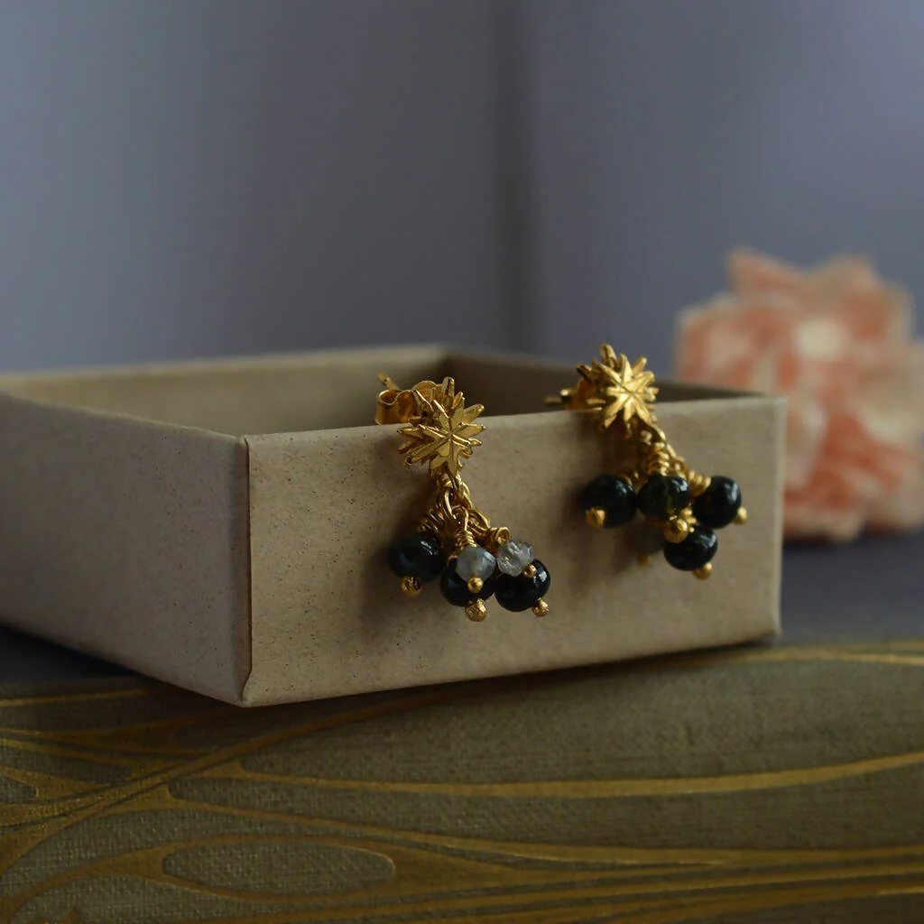 Gold Plated Silver Stars with Tourmalines and labradorite Drop Earrings - Image 6