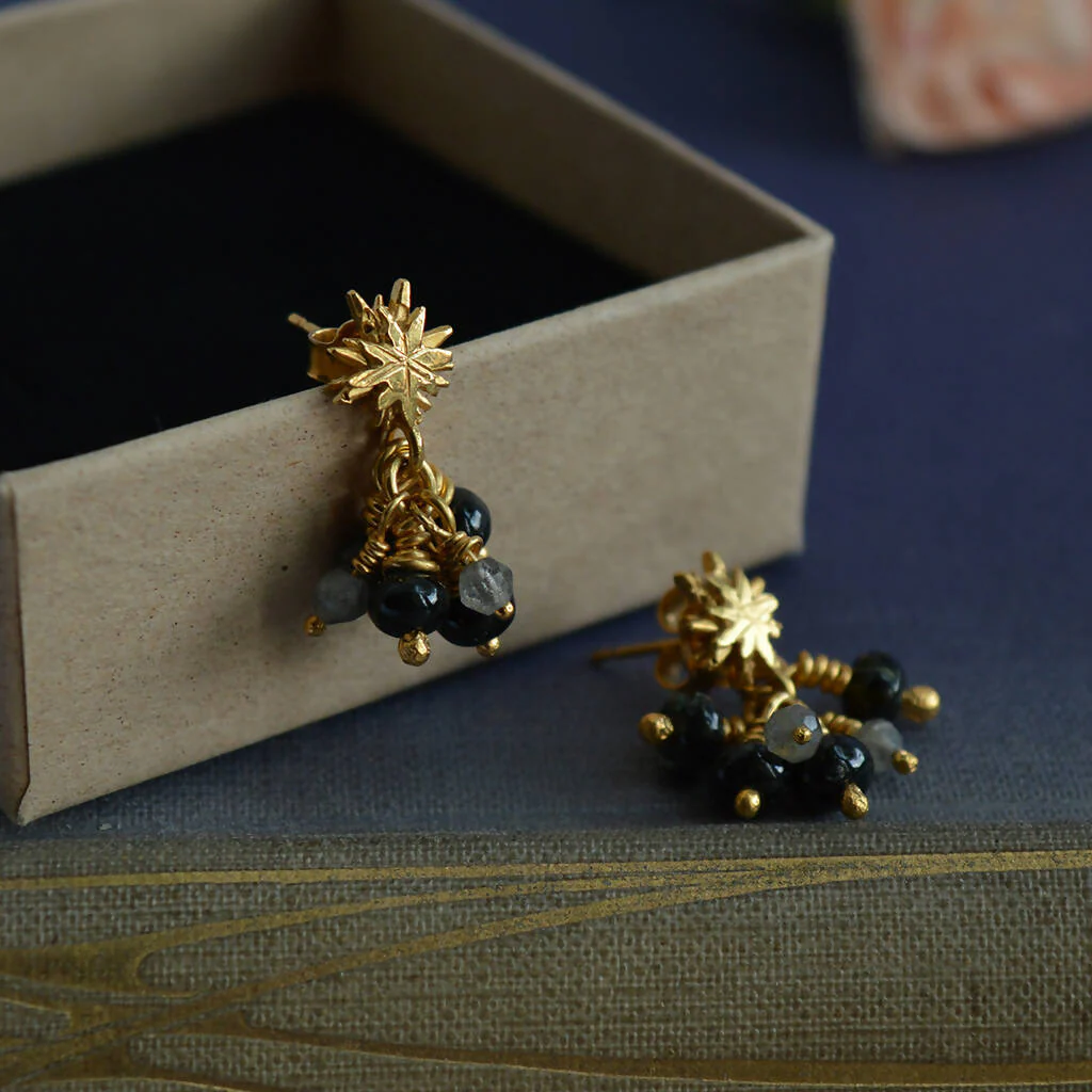 Gold Plated Silver Stars with Tourmalines and labradorite Drop Earrings - Image 7