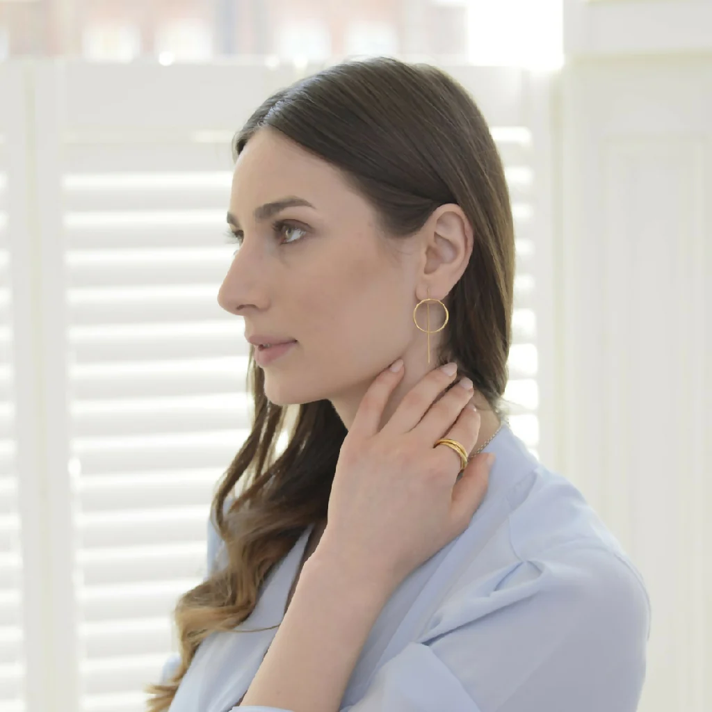 Gold Plated Sterling Silver Hollow Circle Earrings with a Long Straight Back