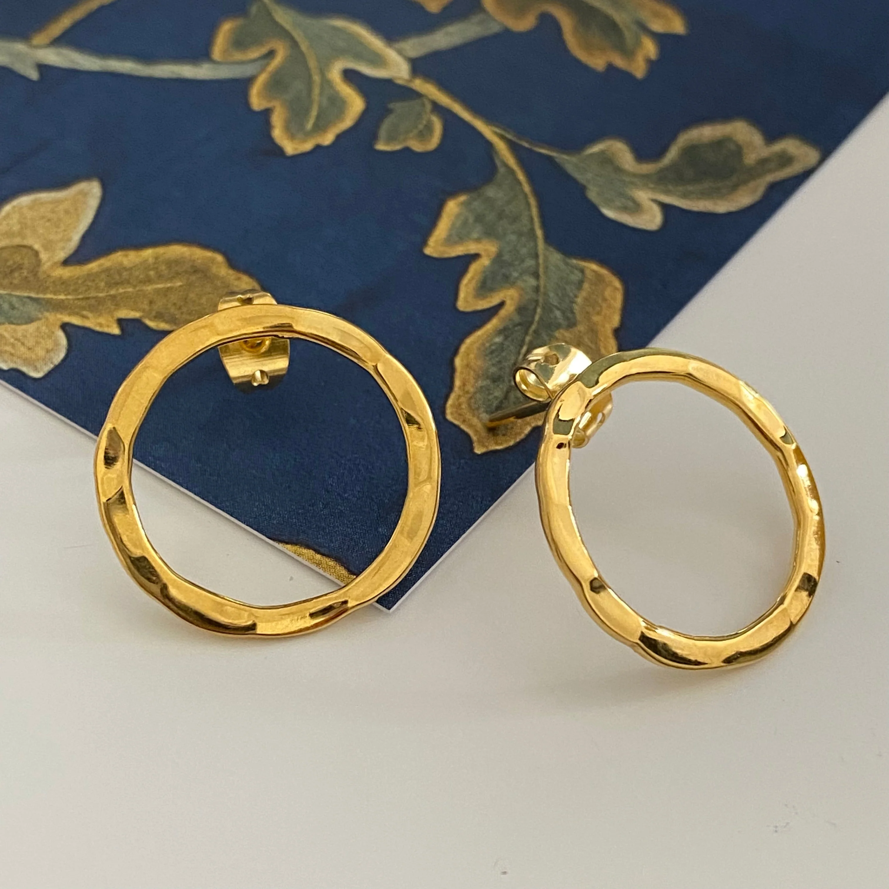 Gold Plated Sterling Silver Hollow Hammered Circle Stud Earrings - Image 2