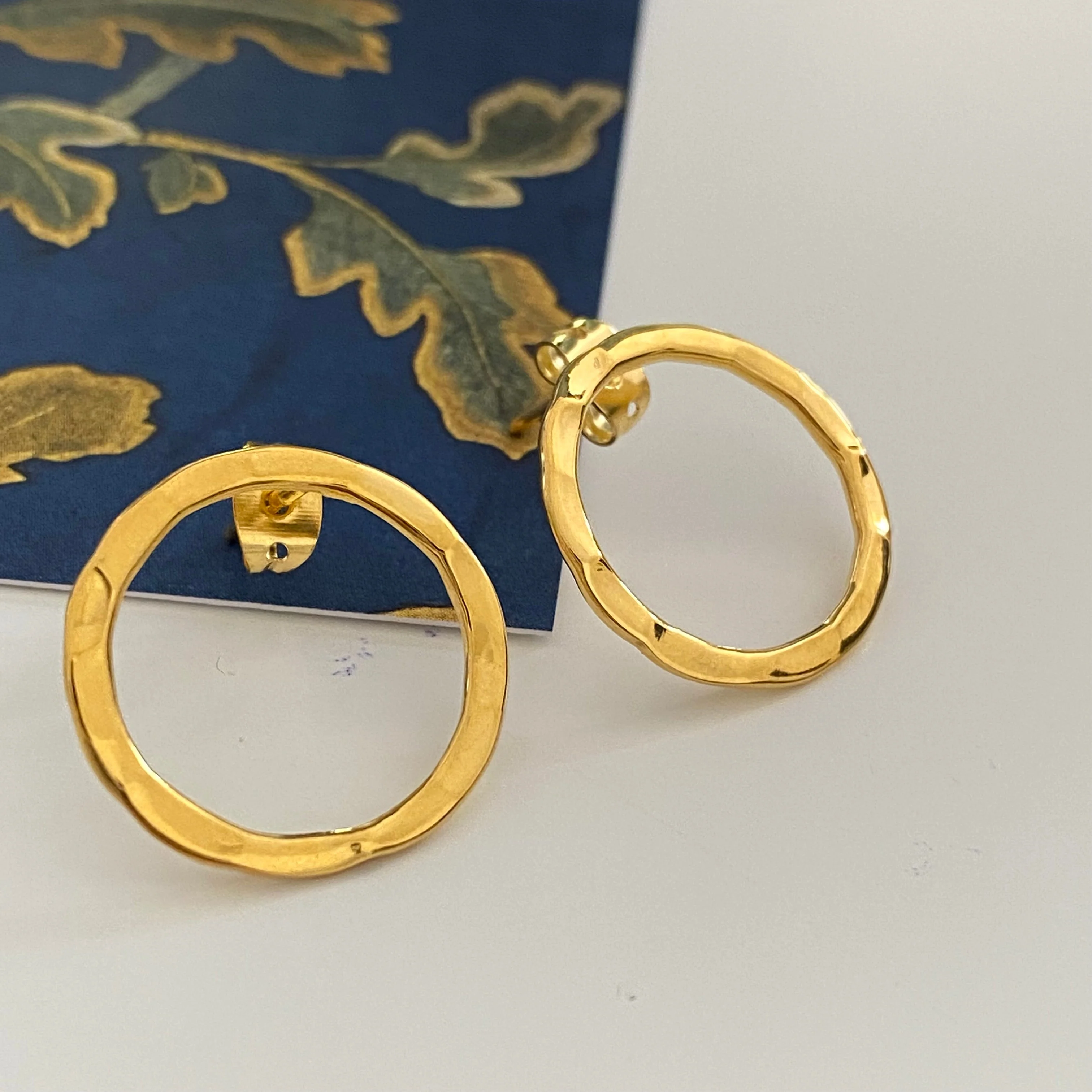 Gold Plated Sterling Silver Hollow Hammered Circle Stud Earrings - Image 3