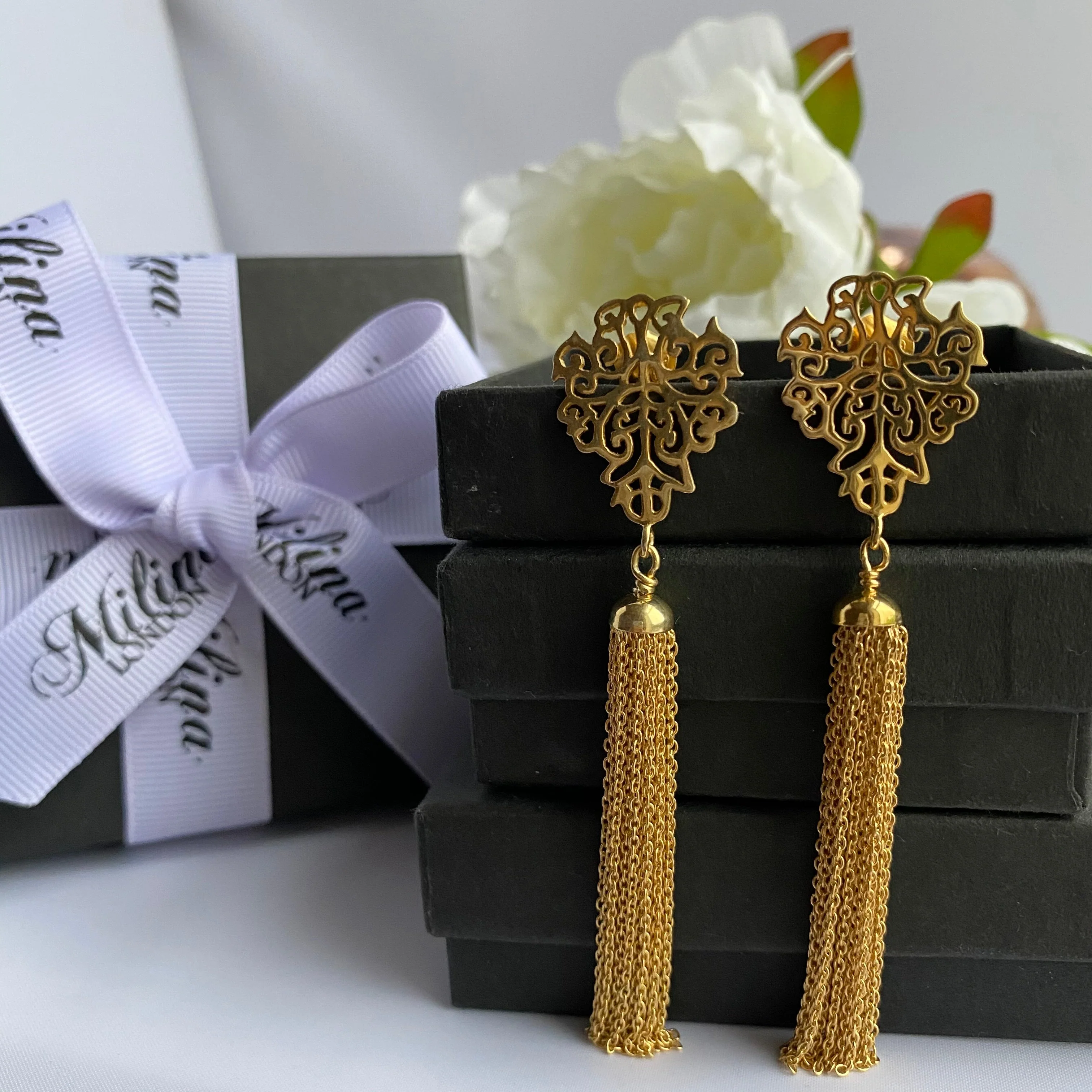 Gold Plated Sterling Silver Intricate Filigree Long Earrings with Tassels - Image 3