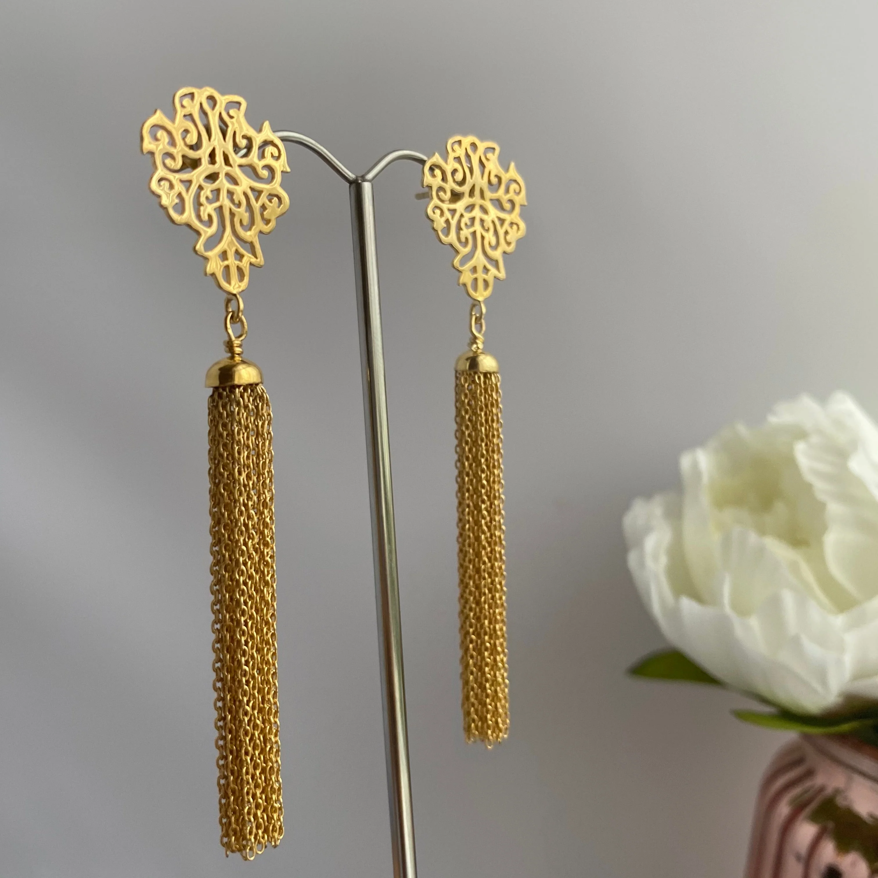 Gold Plated Sterling Silver Intricate Filigree Long Earrings with Tassels - Image 4