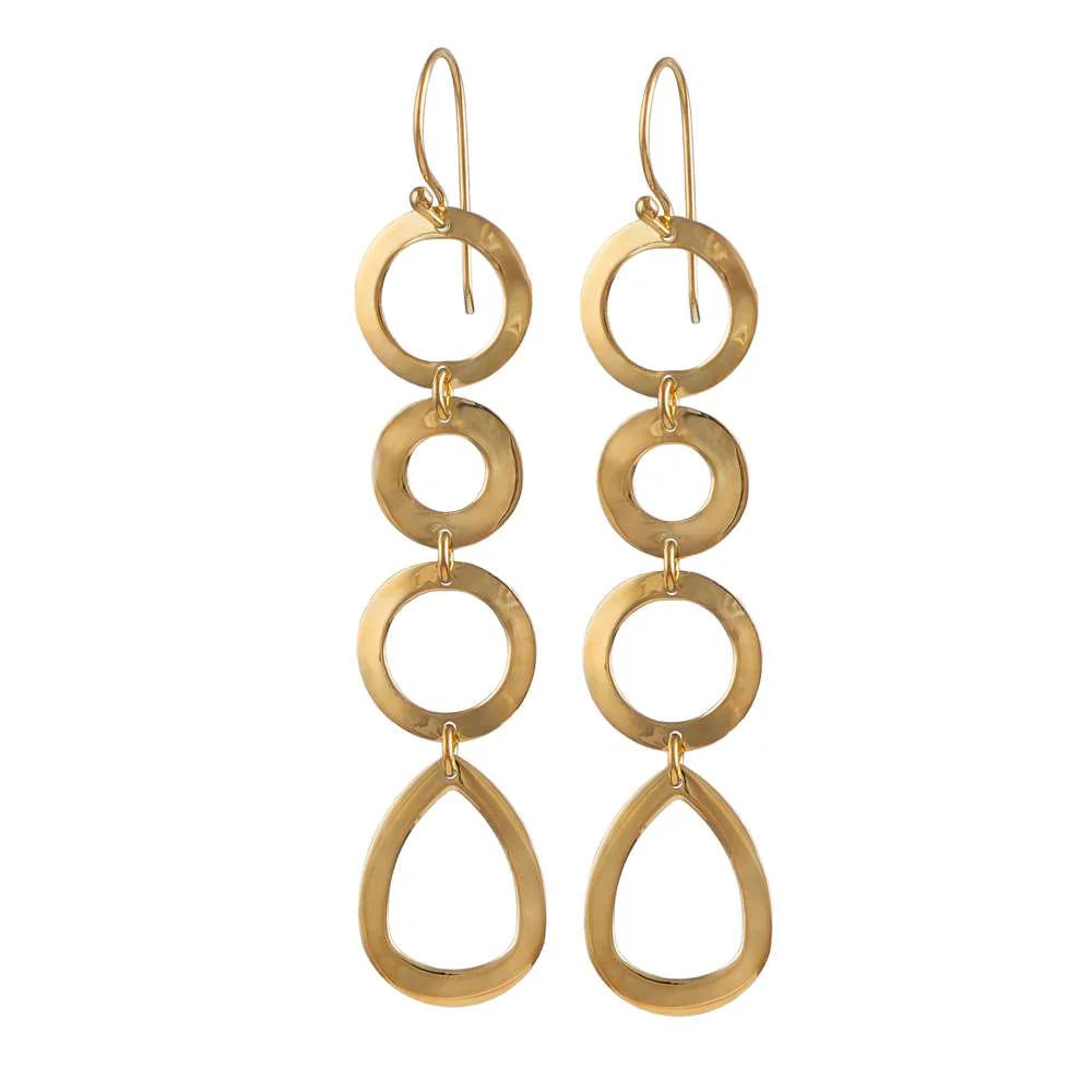 Gold Plated Sterling Silver Long Earrings with Round and Tear Drop Shaped Rings - Image 2