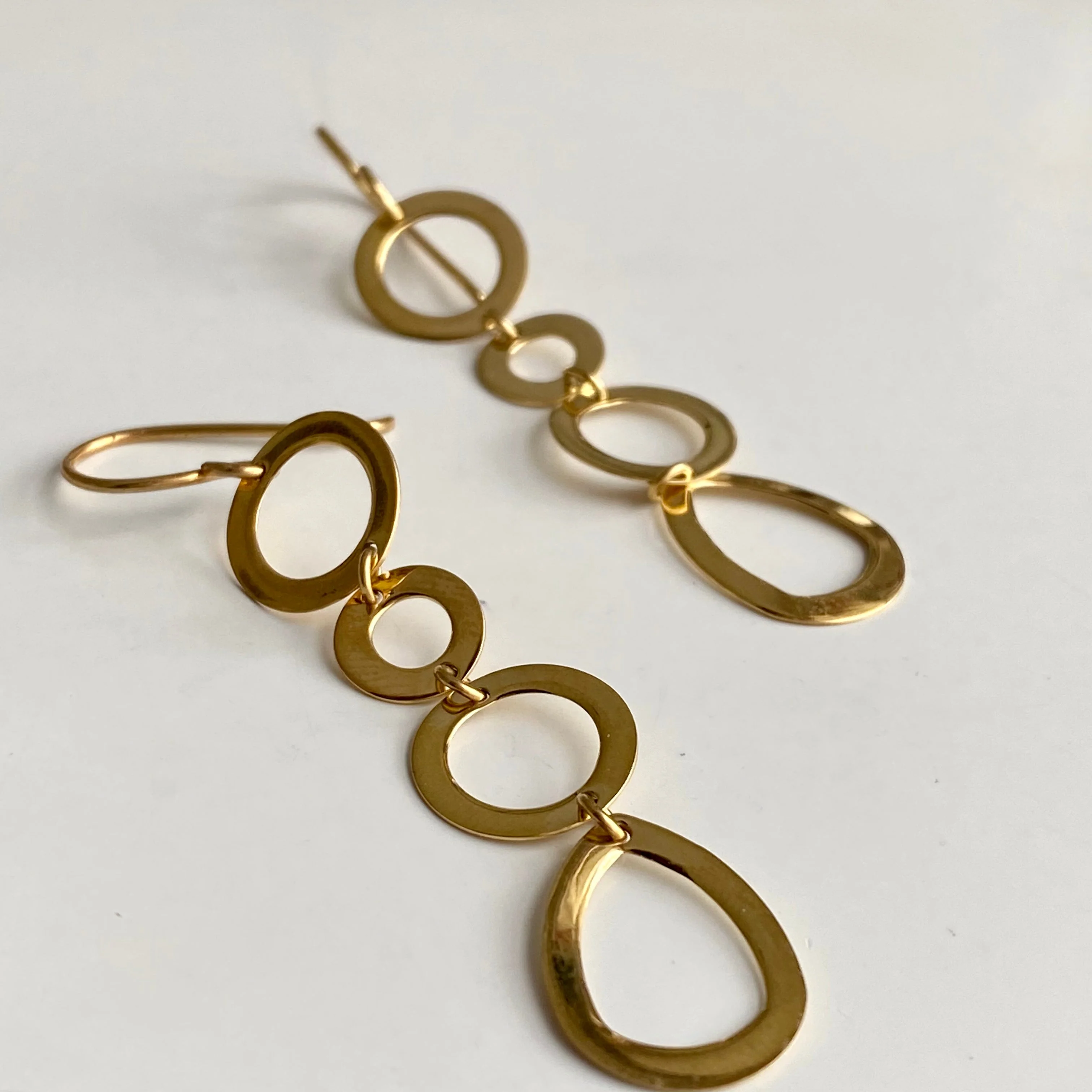 Gold Plated Sterling Silver Long Earrings with Round and Tear Drop Shaped Rings - Image 3