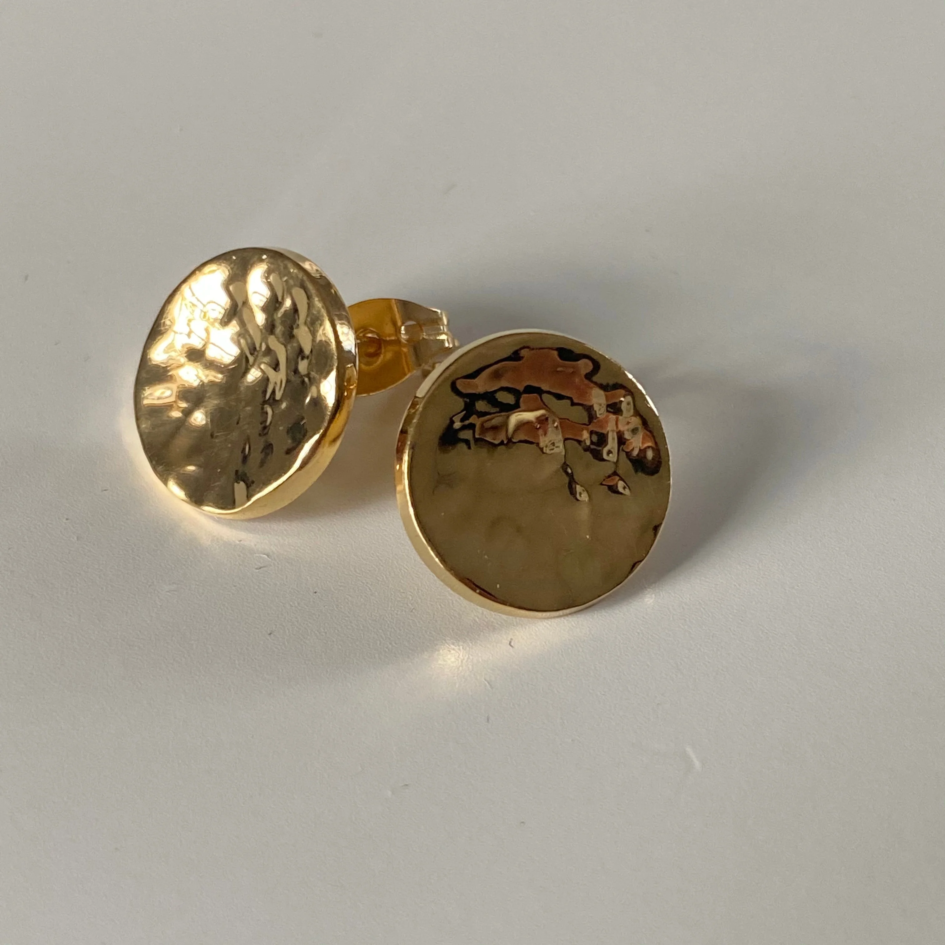 Gold Plated Sterling Silver Round Hammered Stud Earrings - Image 3