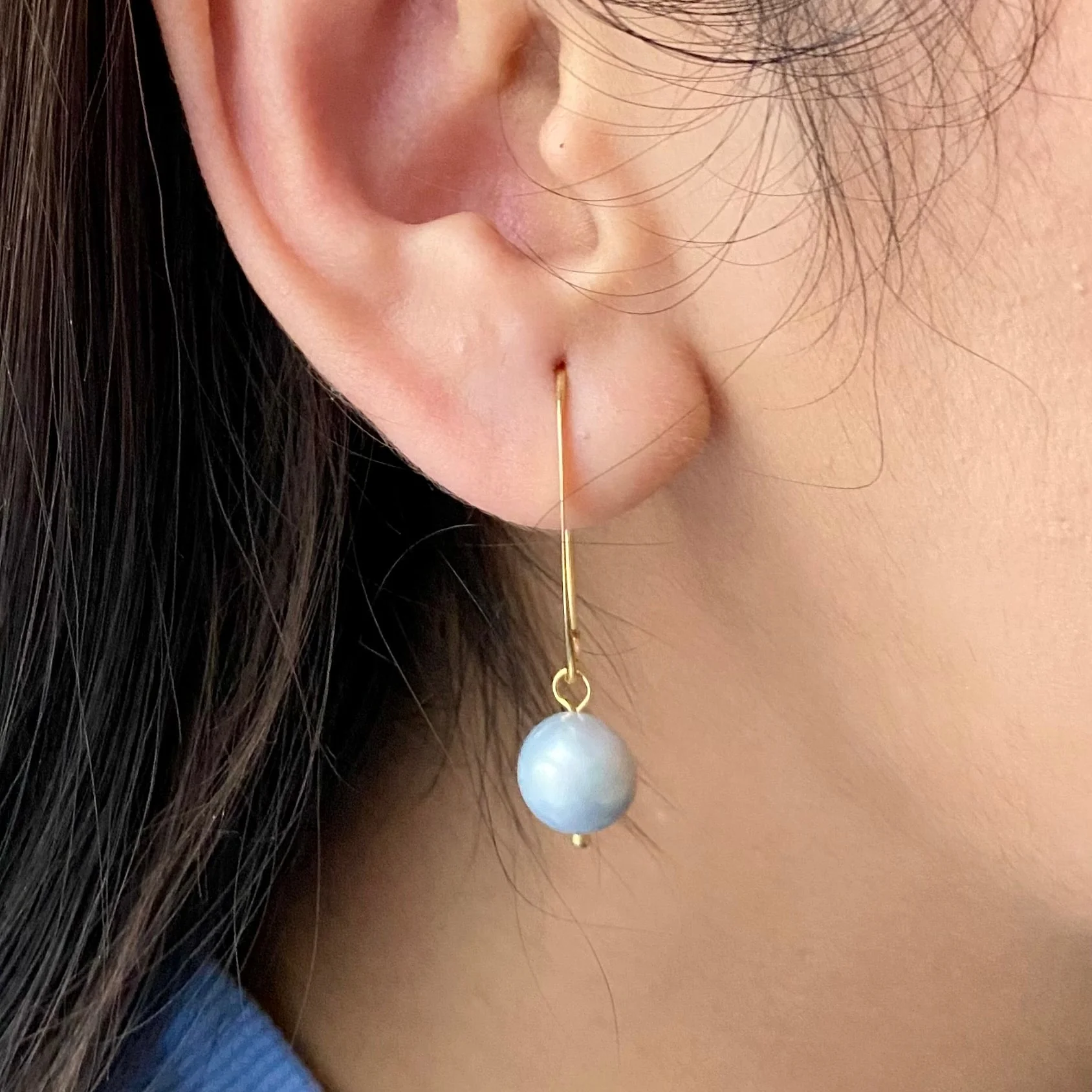 Gold Plated Sterling Silver Threader Earrings - Grey Pearl - Image 5