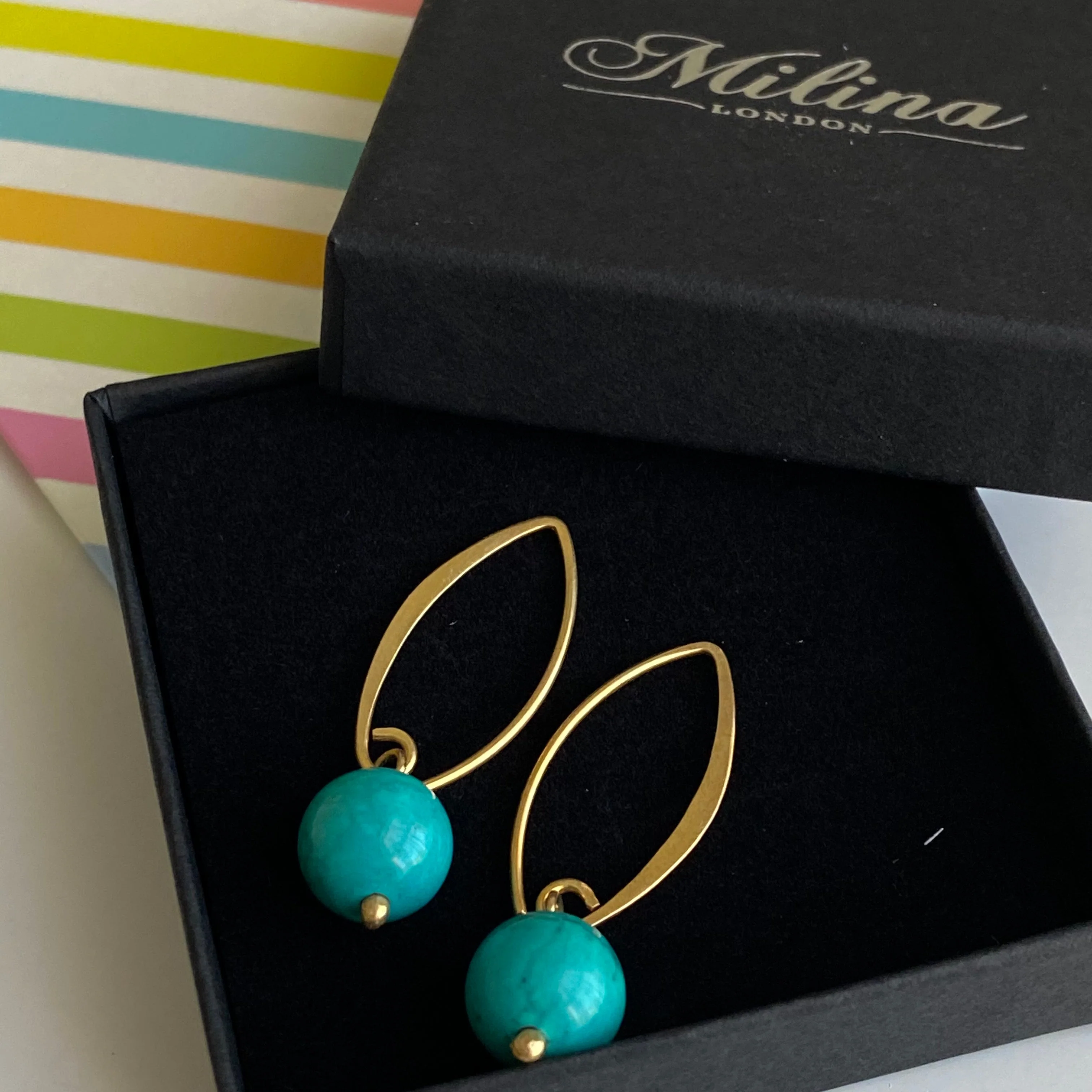 Gold Plated Sterling Silver Threader Earrings - Turquoise Drop - Image 3