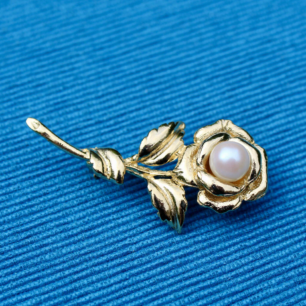 Gold Rose with Pearl Brooch