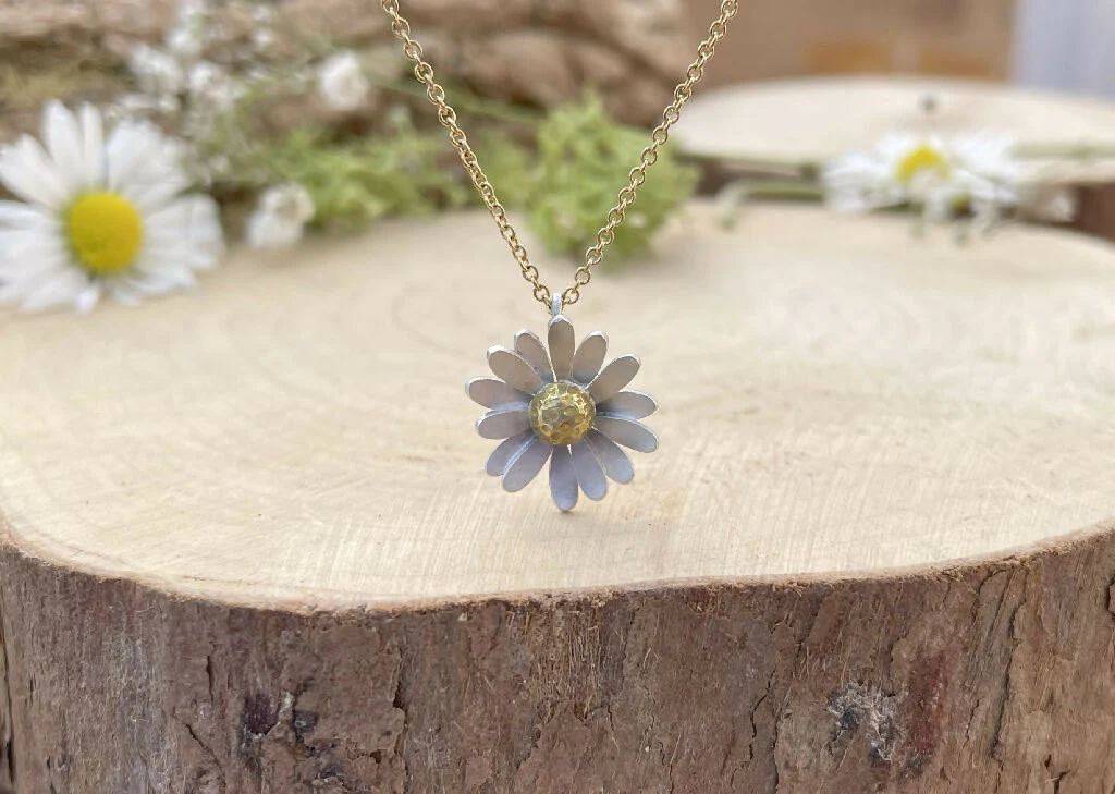Gold & Silver Daisy Necklace, Gold Chain - Image 3