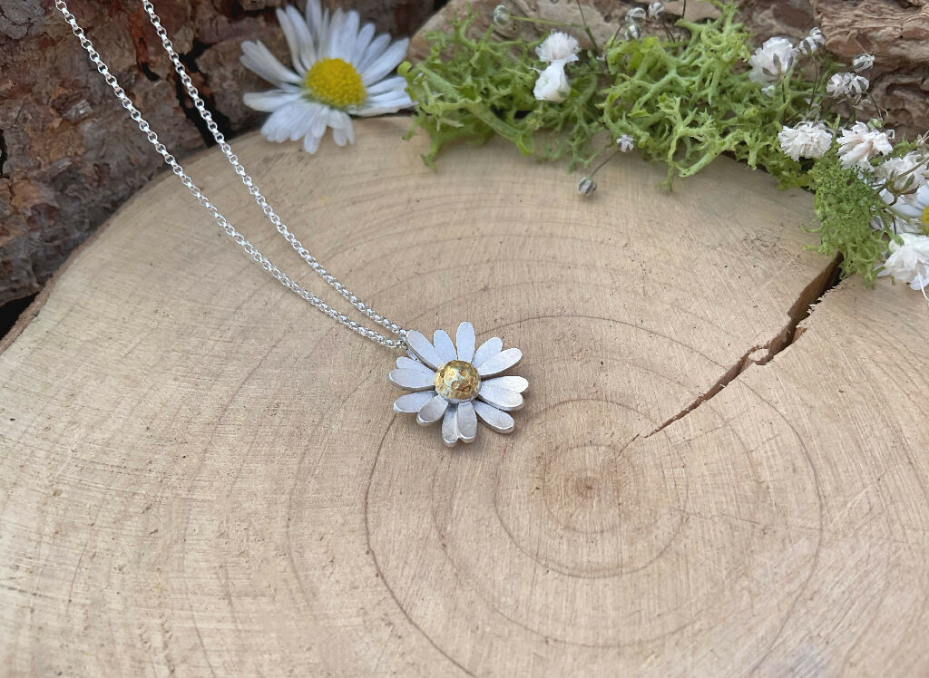 Gold & Silver Daisy Necklace, Silver Chain - Image 3
