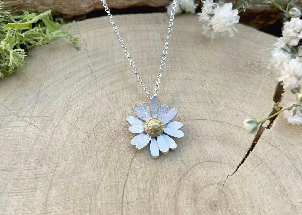 Gold & Silver Daisy Necklace, Silver Chain - Image 5