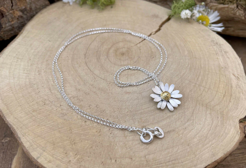 Gold & Silver Daisy Necklace, Silver Chain - Image 6