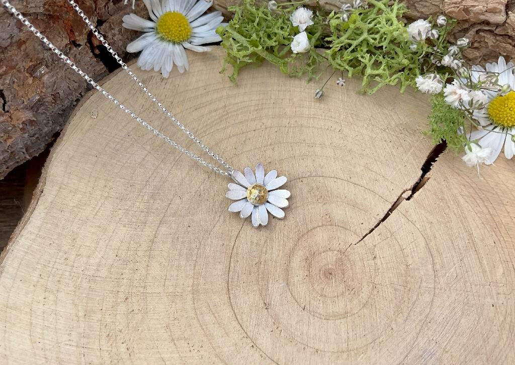 Gold & Silver Daisy Necklace, Silver Chain - Image 9