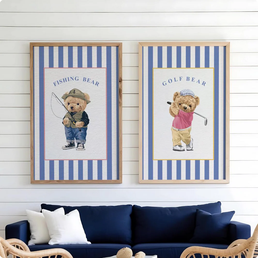 Golf Bear Artwork on Striped Wallpaper Background - Image 4