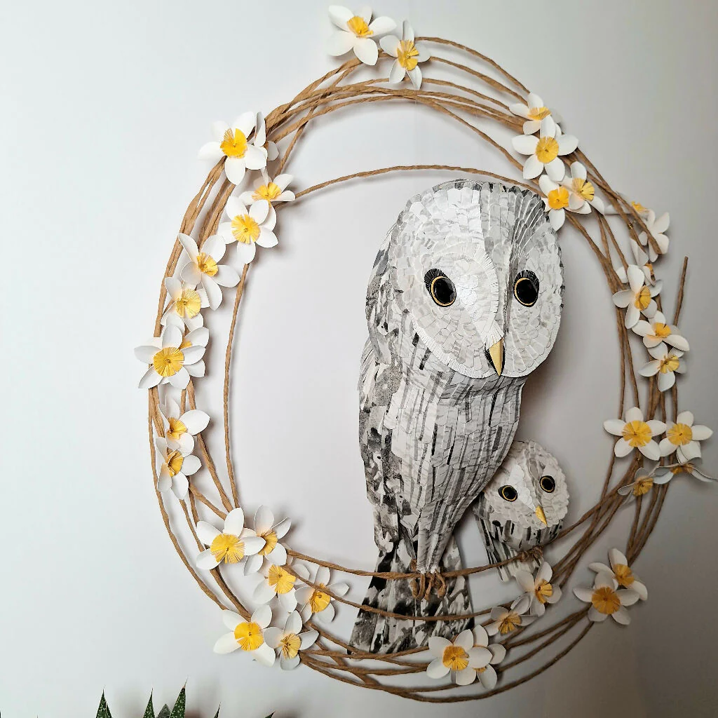 Great Grey Owl Mama and Baby Wall art paper sculpture - Image 3