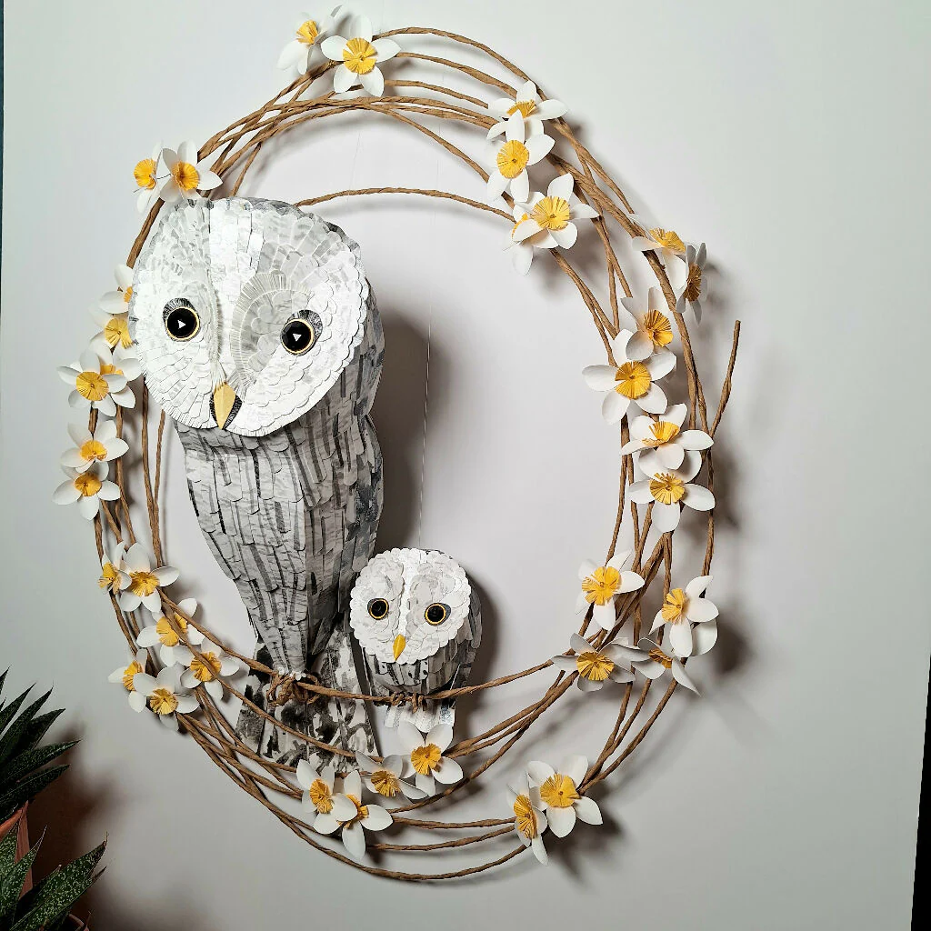Great Grey Owl Mama and Baby Wall art paper sculpture - Image 4