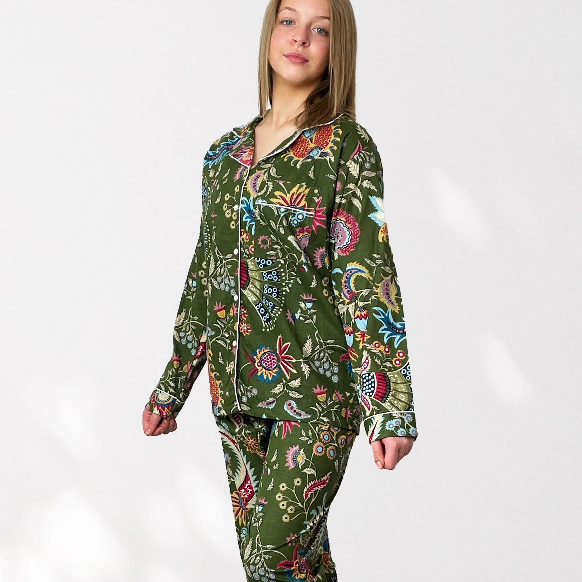 Green Block Print Floral 100% Cotton Long Pyjama Set - Image 2
